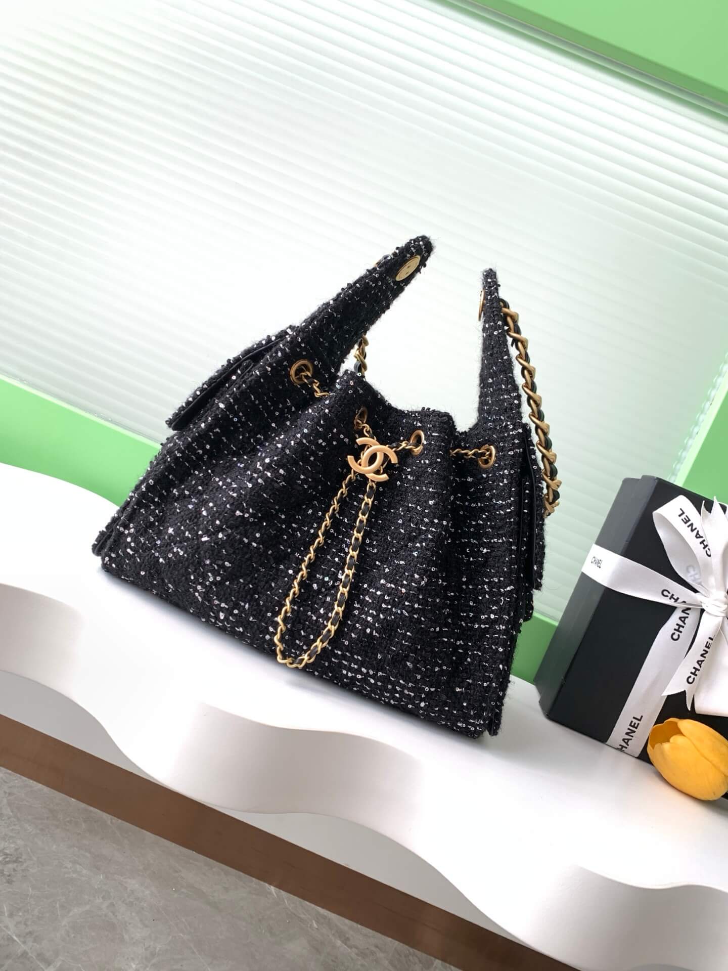 Chanel 25 Hobo Tweed Sequined Aged Gold-tone Metal Hardware Shoulder Bag