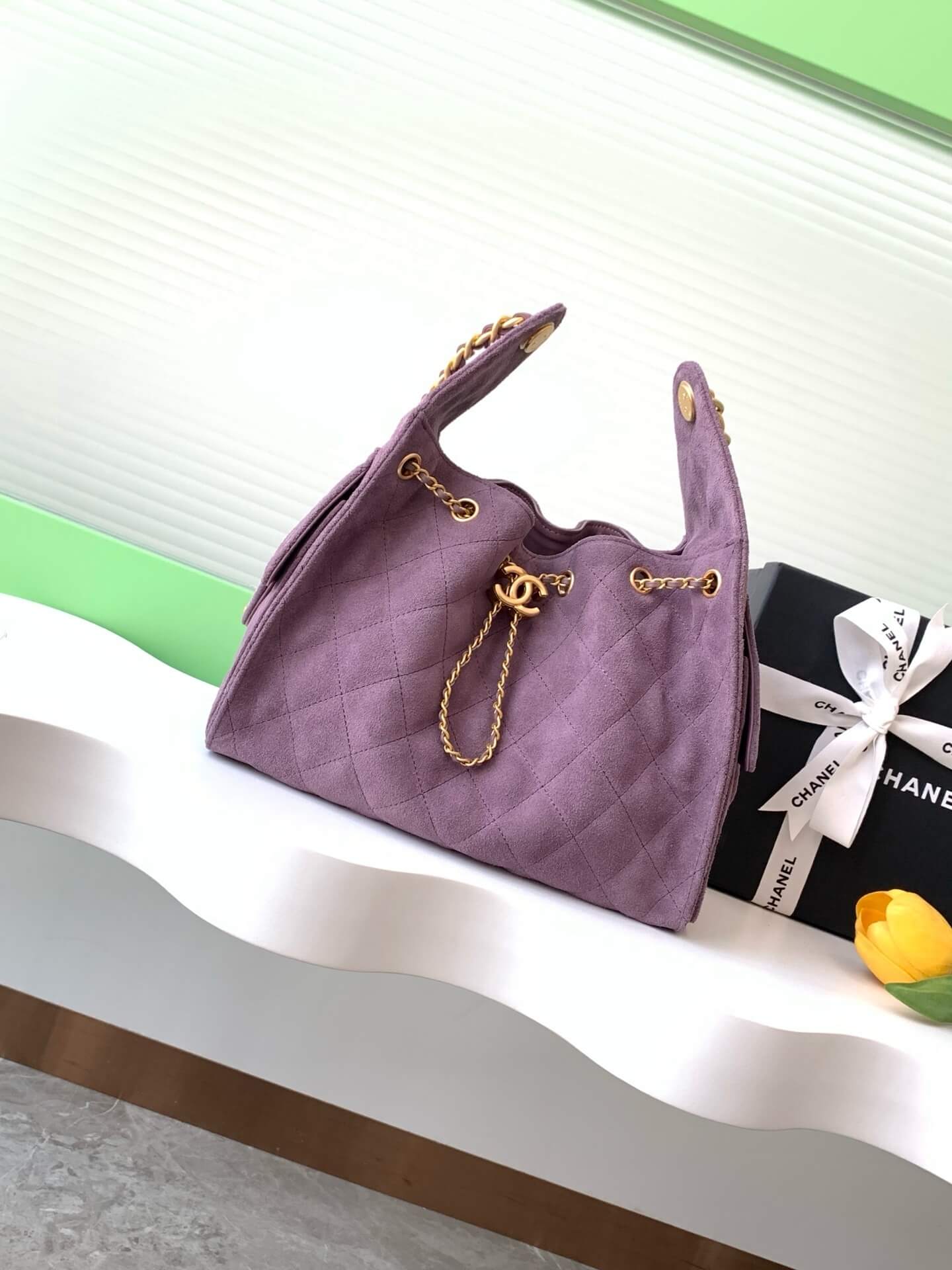 Chanel 25 Small - Medium Shoulder Handbag Suede Calfskin & Gold Metal