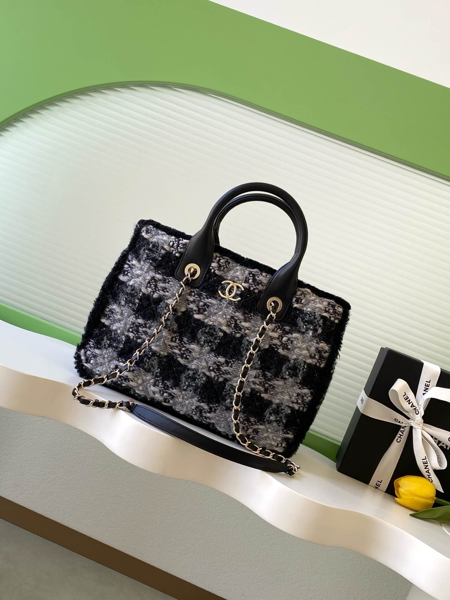 Chanel 25N Small - Medium Shopping Bag Tweed, Shearling Lambskin & Gold-Tone Metal Shoulder Handbag