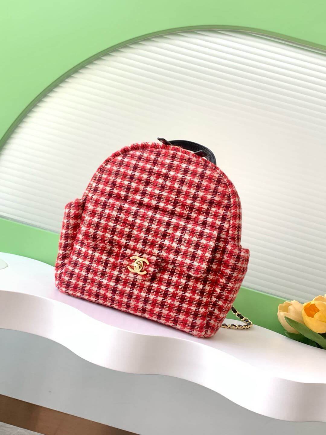 Chanel Backpack Houndstooth Bag Tweed & Gold Metal Red, Pink & Black & calfskin trim on the strap