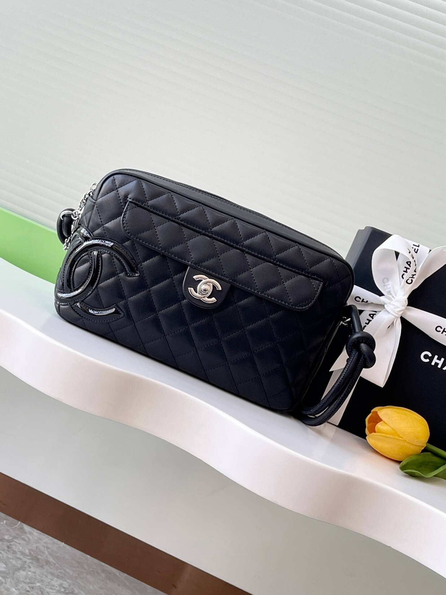 Chanel Cambon Camera Bag with Maxi Logo in Black Lambskin Leather Shoulder Crossbody - Image 27