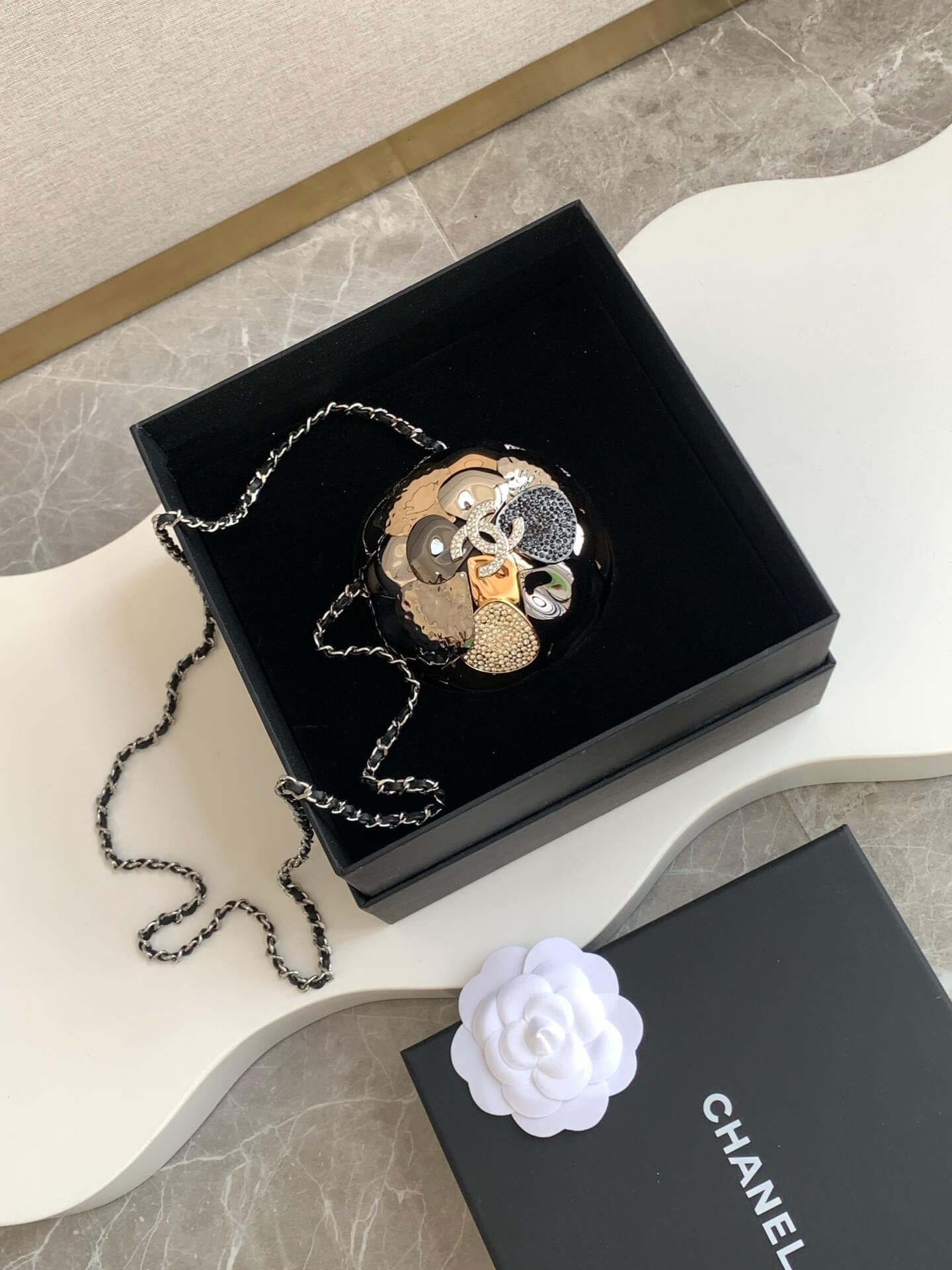 Chanel Camellia Ball Minaudière Shoulder Crossbody Bag Gold-tone / Silver-tone/ruthenium - Image 9