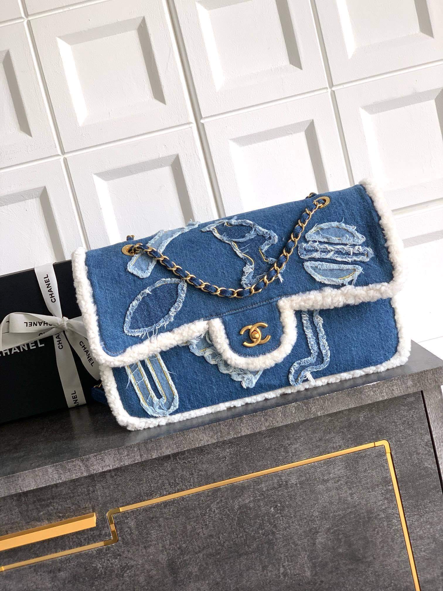 Chanel Denim Shearling Hieroglyph Flap Shoulder Handbag Blue