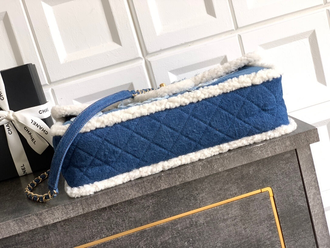 Chanel Denim Shearling Hieroglyph Flap Shoulder Handbag Blue - Image 9