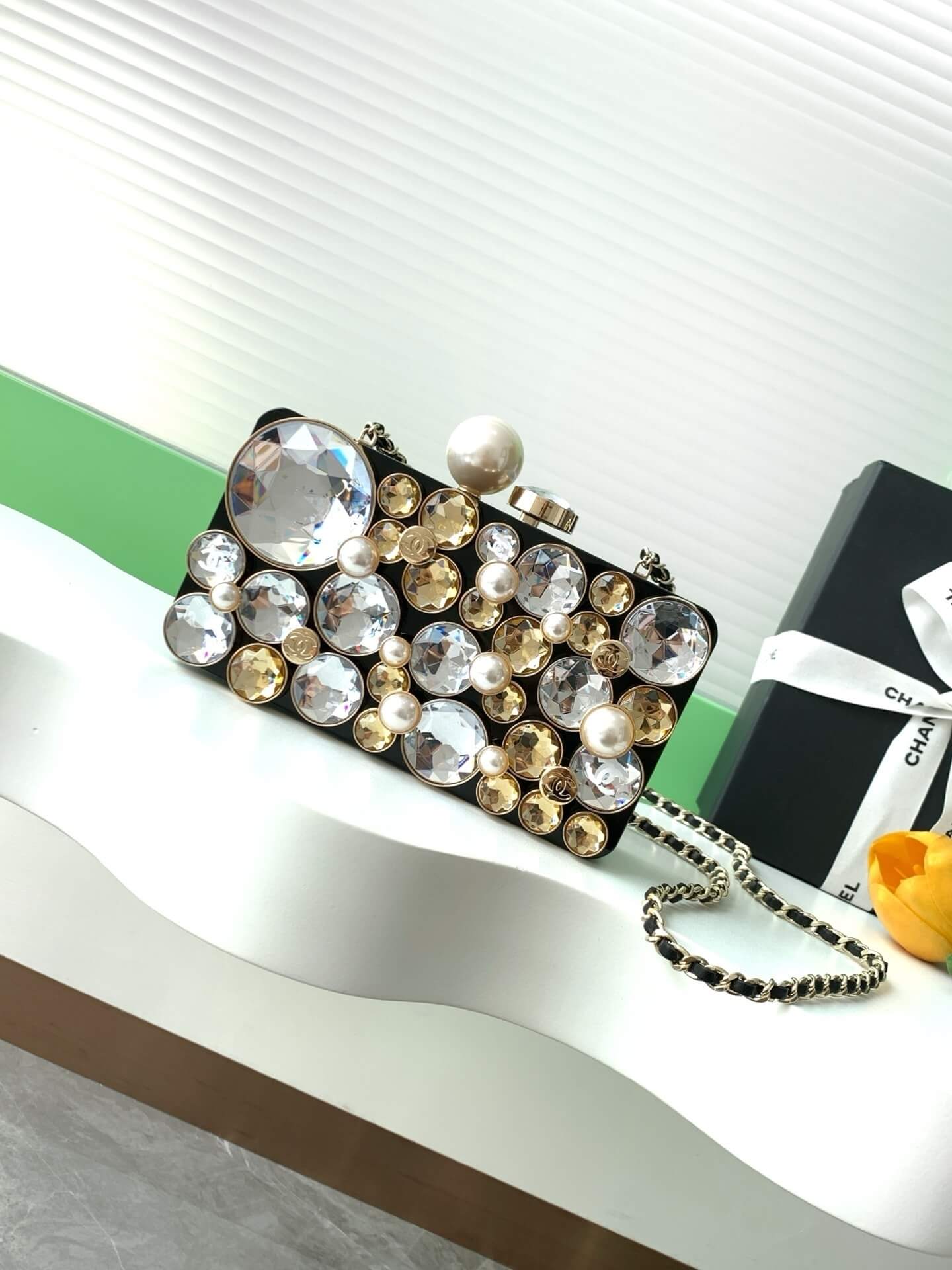 Chanel Evening Bag Plexi, Strass, Imitation Pearls & Gold-Tone Metal Black, Crystal & Golden Shoulder Crossbody Black/Crystal/Gold