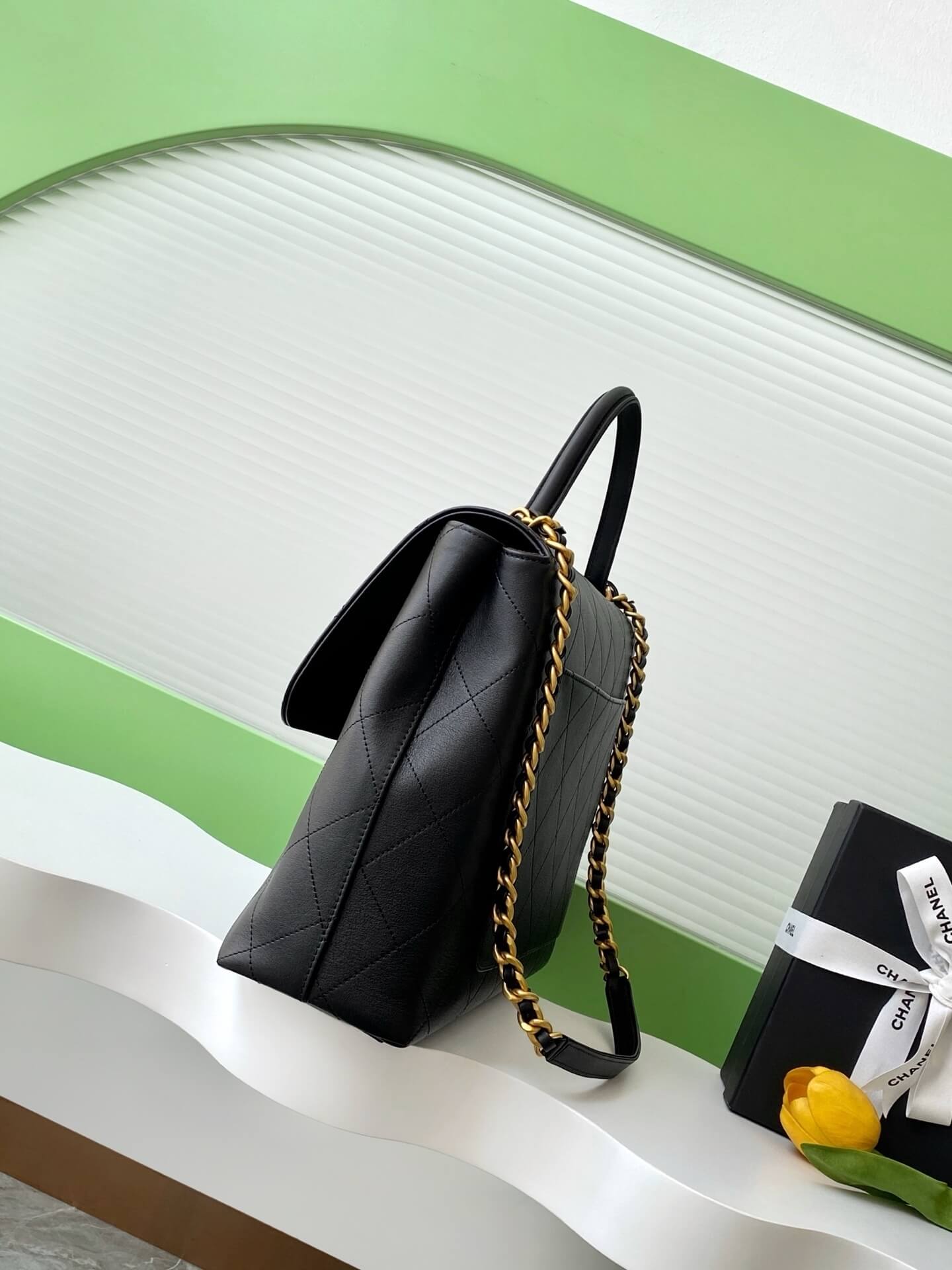 Chanel Flap Bag with Top Handle Lambskin Leather Shoulder Crossbody Handbag - Image 8