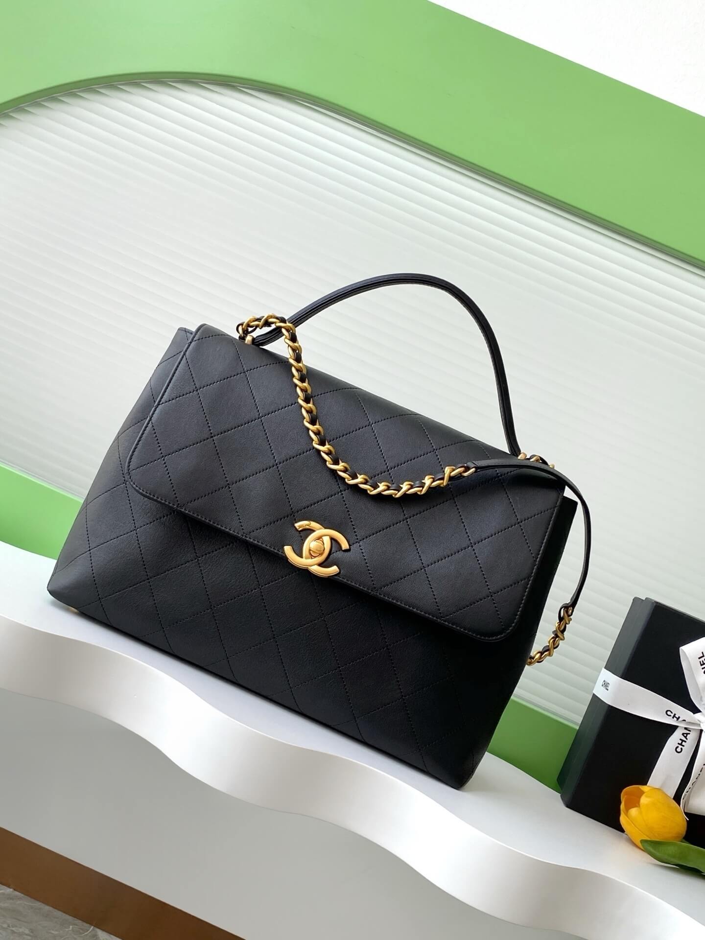 Chanel Flap Bag with Top Handle Lambskin Leather Shoulder Crossbody Handbag