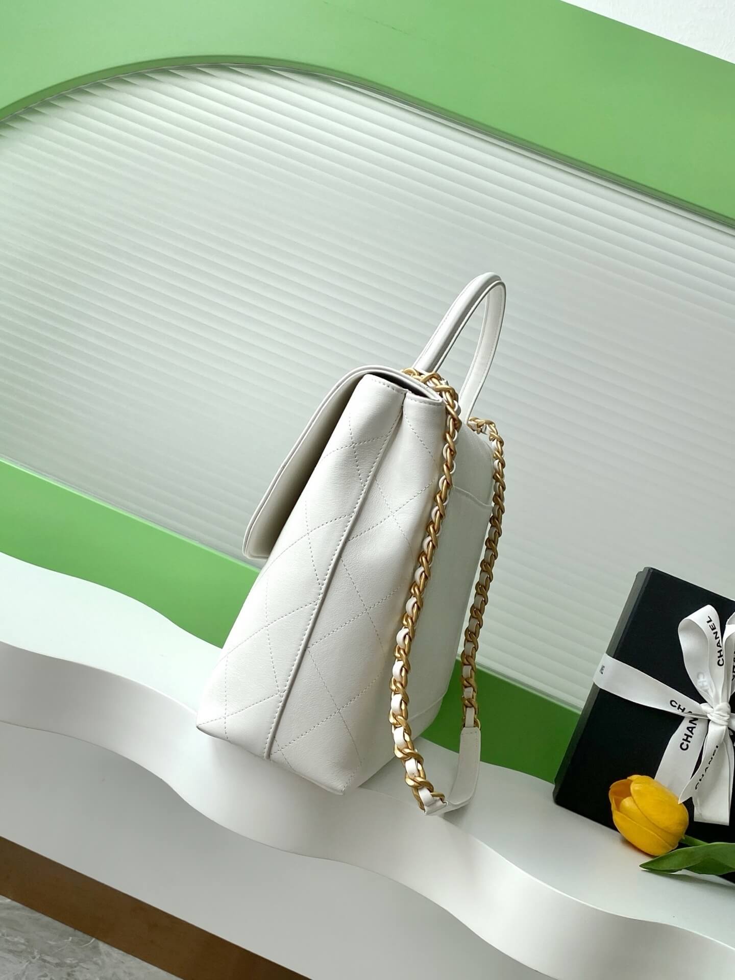 Chanel Flap Bag with Top Handle Lambskin Leather Shoulder Crossbody Handbag - Image 35