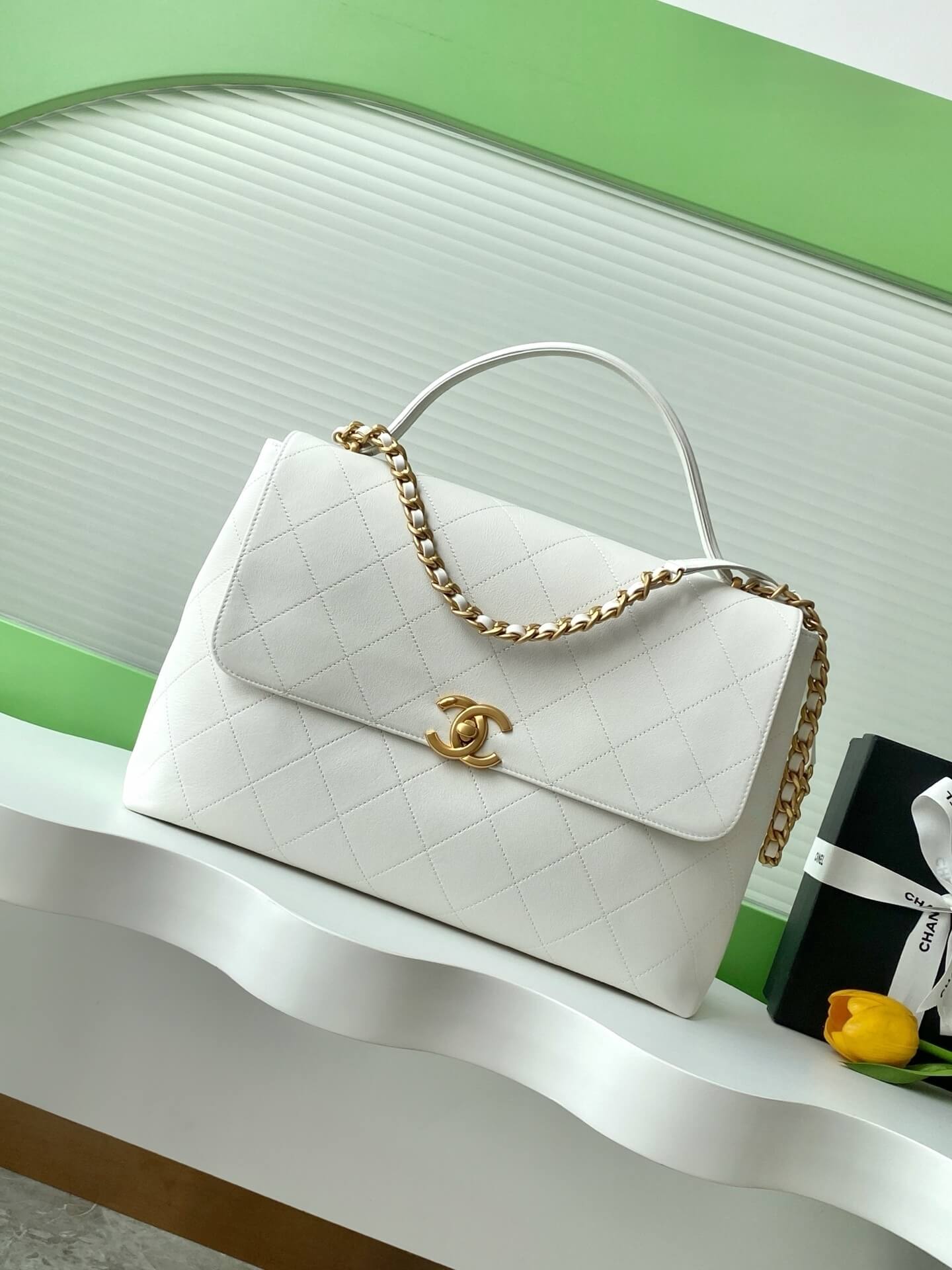 Chanel Flap Bag with Top Handle Lambskin Leather Shoulder Crossbody Handbag - Image 28