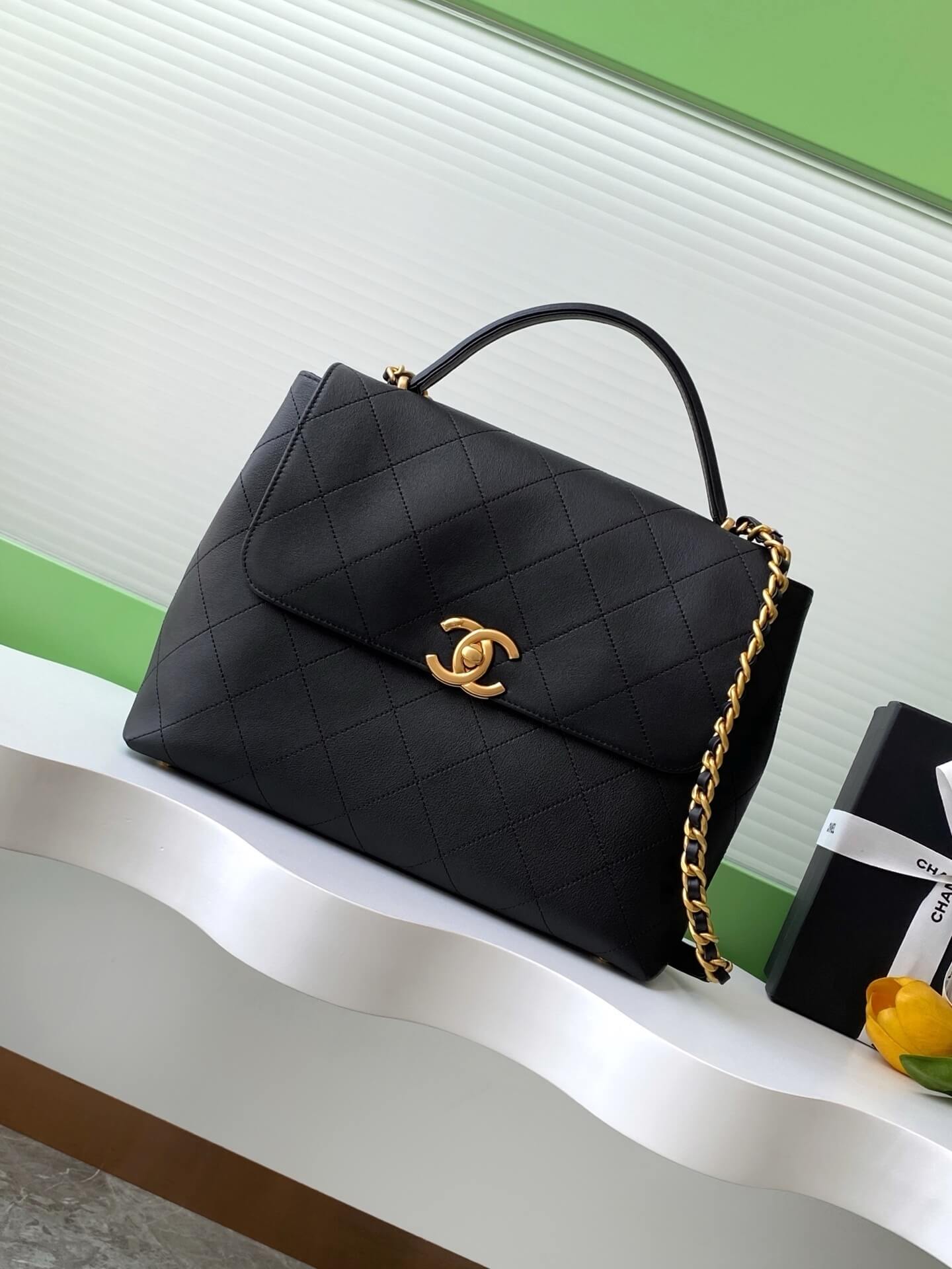 Chanel Flap Bag with Top Handle Lambskin Leather Shoulder Crossbody Handbag - Image 10