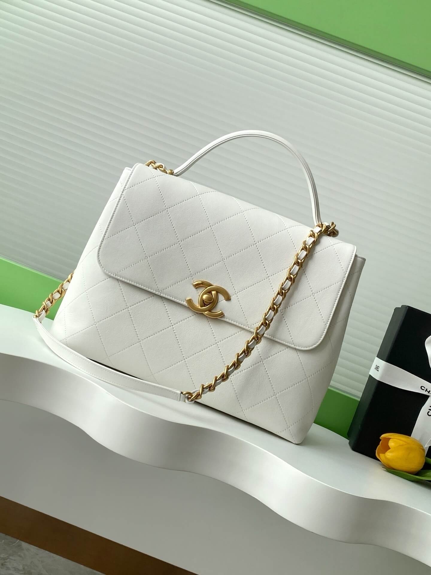 Chanel Flap Bag with Top Handle Lambskin Leather Shoulder Crossbody Handbag - Image 37