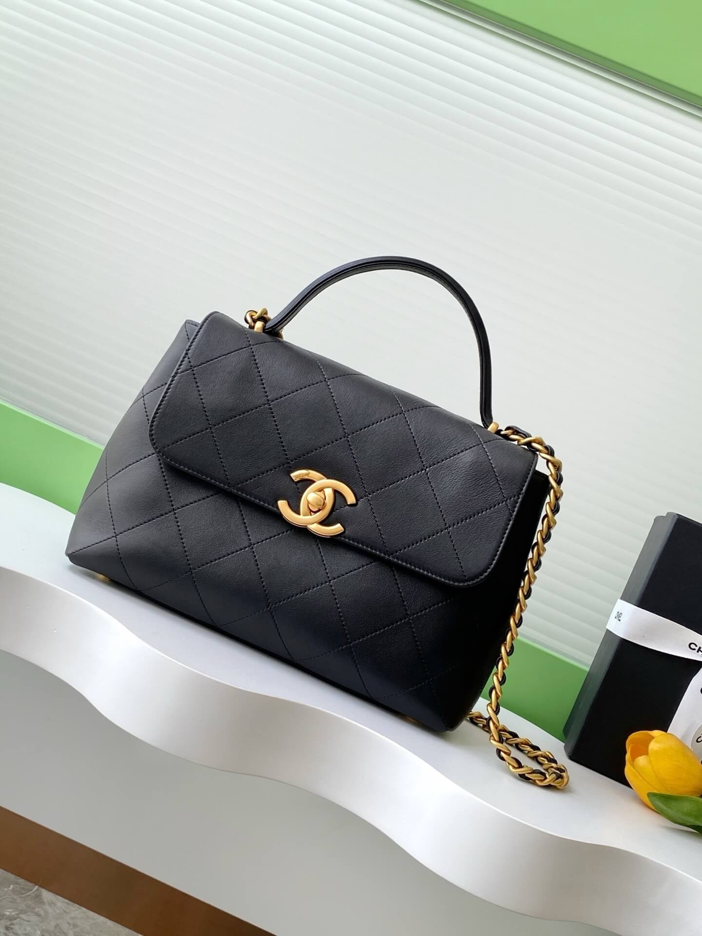 Chanel Flap Bag with Top Handle Lambskin Leather Shoulder Crossbody Handbag - Image 19