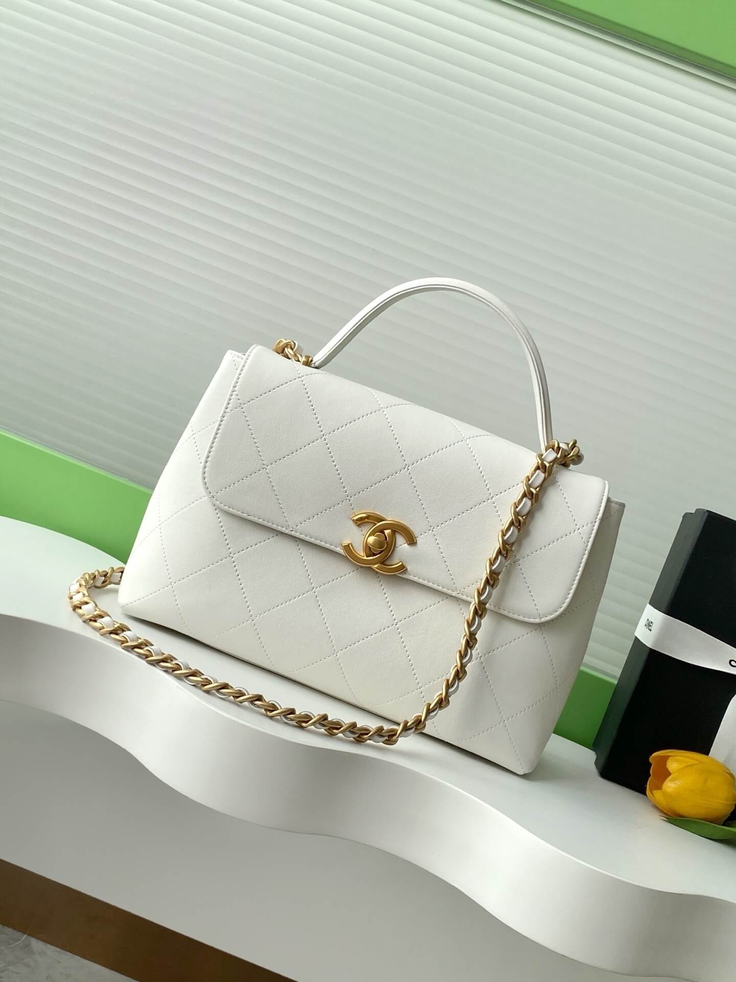 Chanel Flap Bag with Top Handle Lambskin Leather Shoulder Crossbody Handbag - Image 46