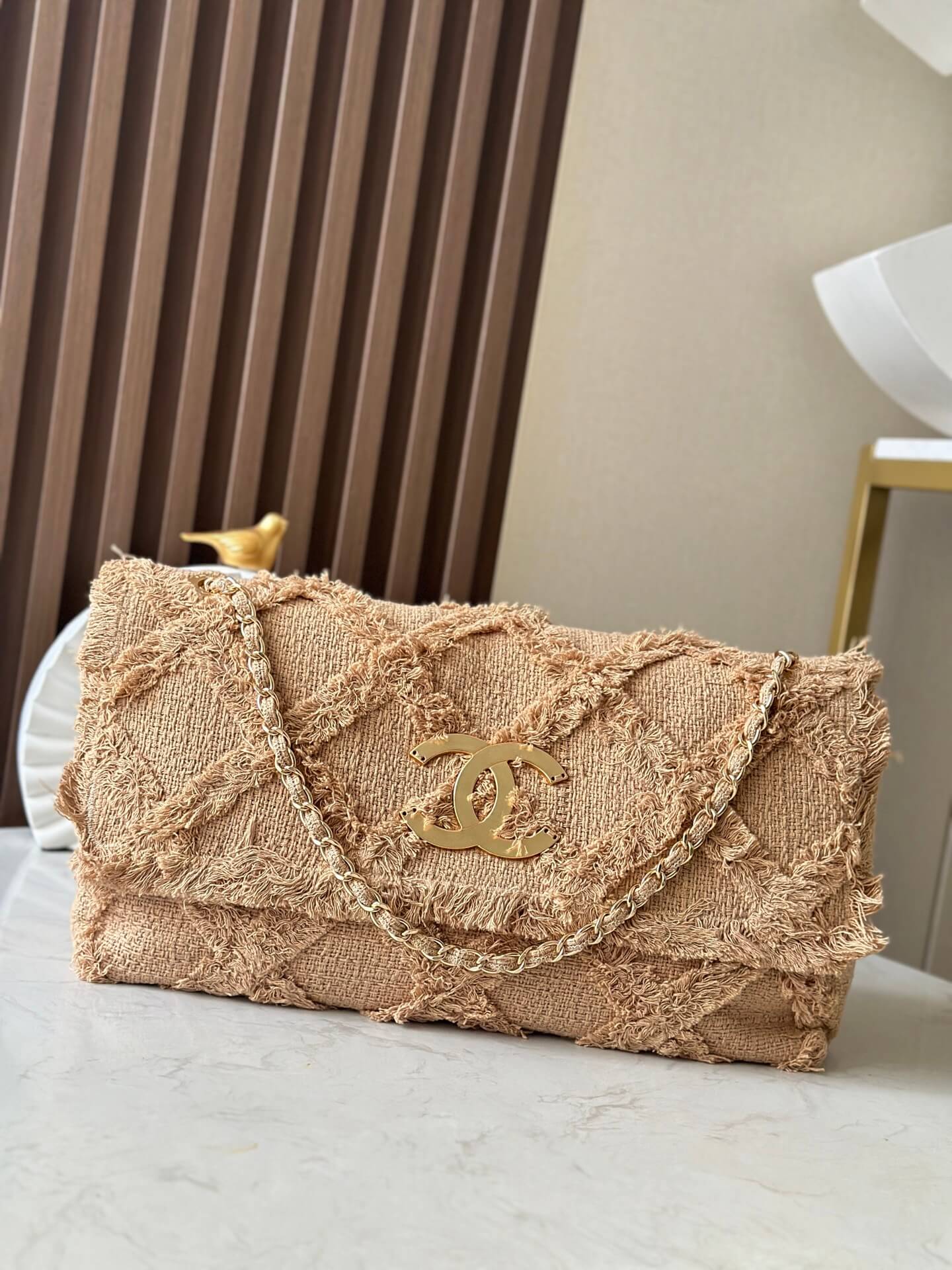 Chanel Flap Frayed Tweed with Gold-tone Metal Hardware Shoulder Bag Beige Ecru