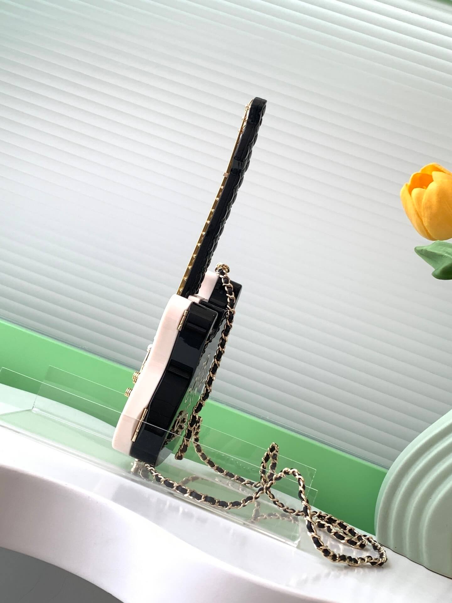 Chanel Guitar Minaudiere Shoulder Crossbody Bag Black/White/Gold - Image 3
