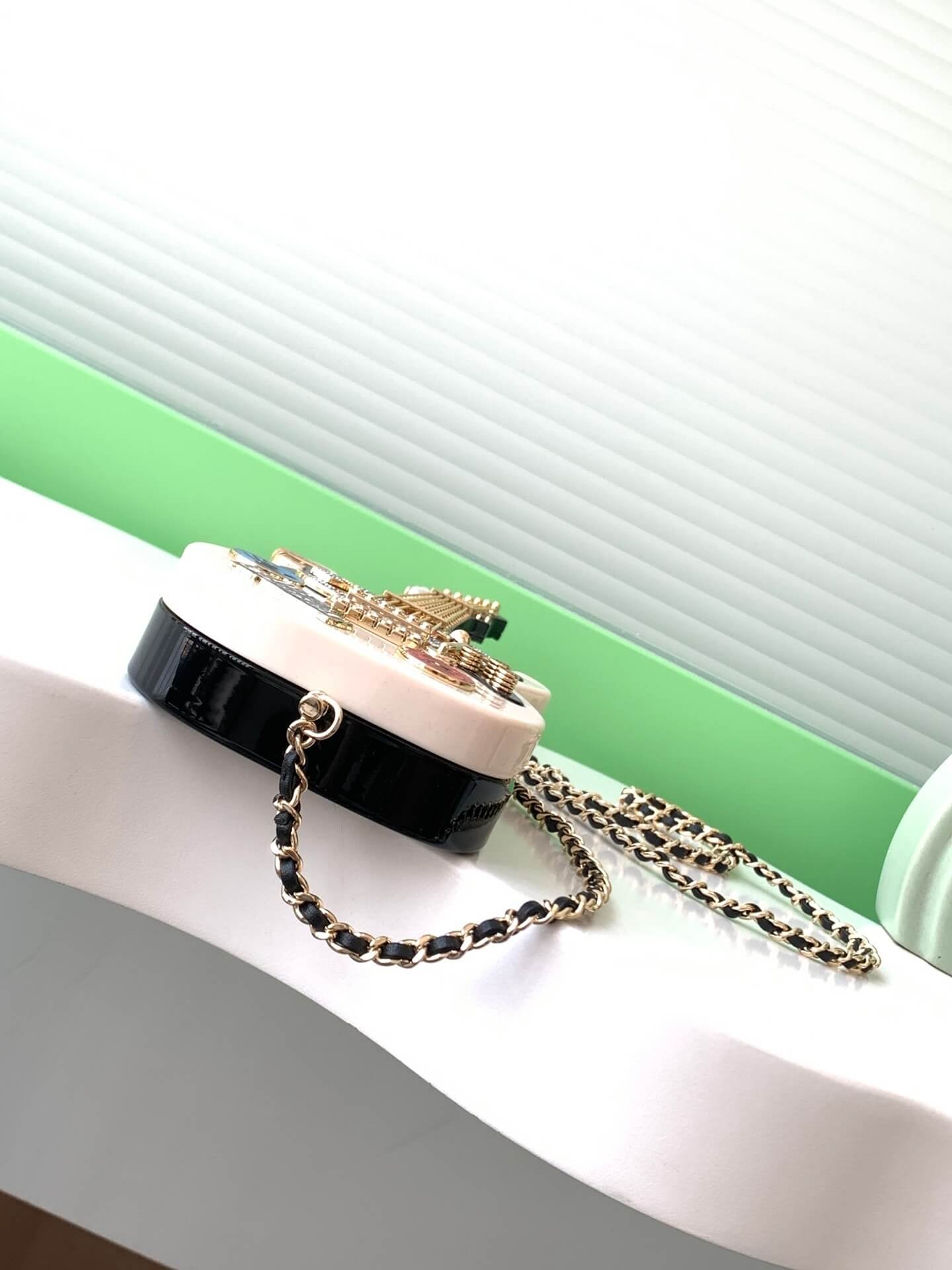 Chanel Guitar Minaudiere Shoulder Crossbody Bag Black/White/Gold - Image 8