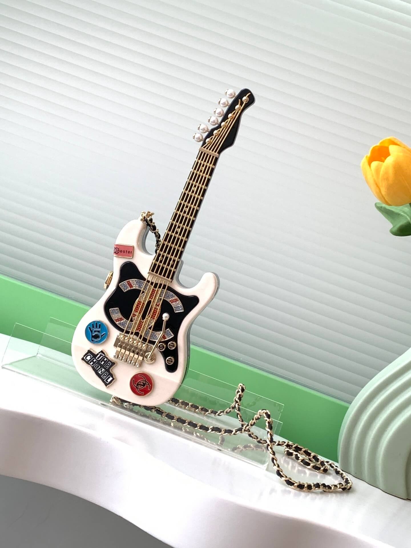 Chanel Guitar Minaudiere Shoulder Crossbody Bag Black/White/Gold