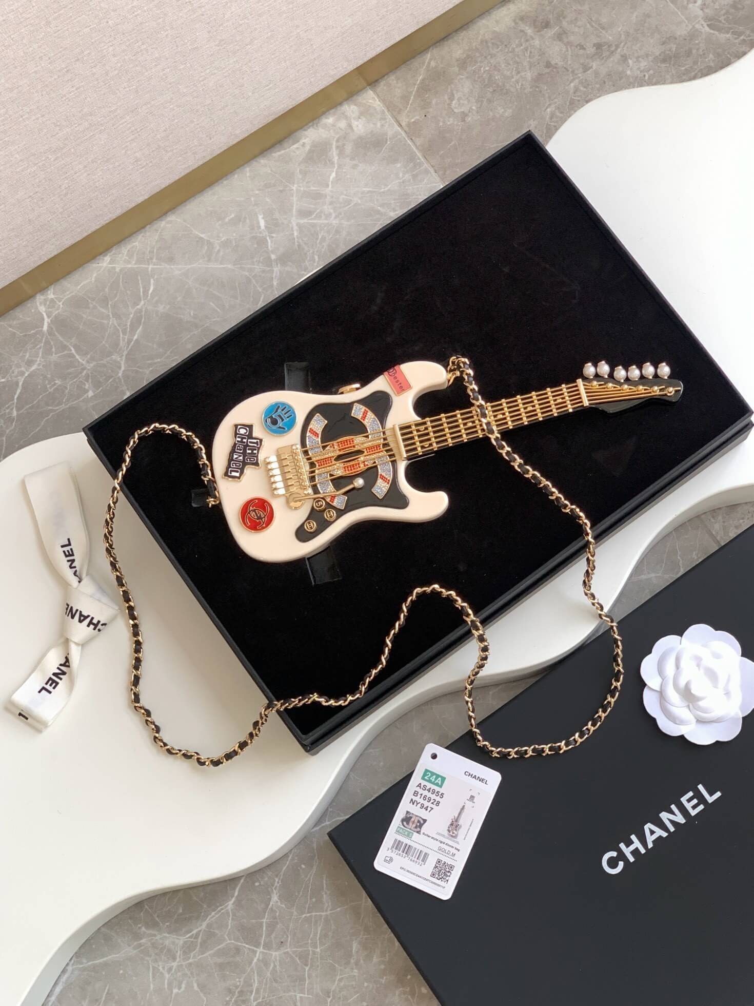 Chanel Guitar Minaudiere Shoulder Crossbody Bag Black/White/Gold - Image 9