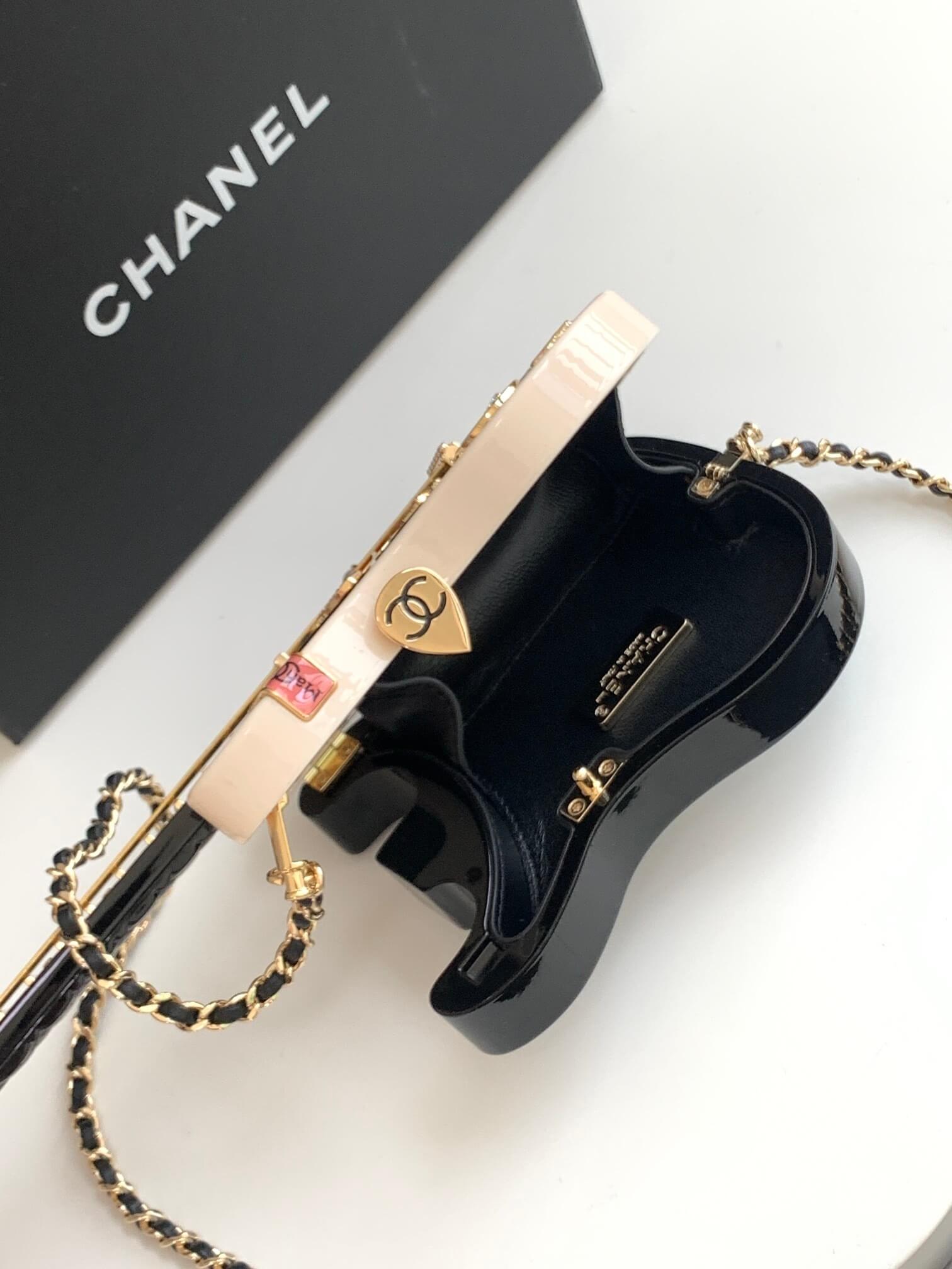 Chanel Guitar Minaudiere Shoulder Crossbody Bag Black/White/Gold - Image 4