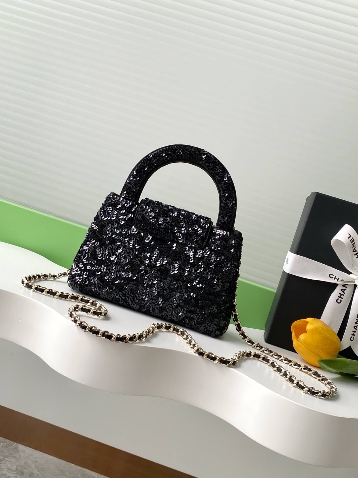 Chanel Kelly Mini Flap Top Handle With Chain uilted and shimmering sequins Shoulder Crossbody Handbag - Image 11