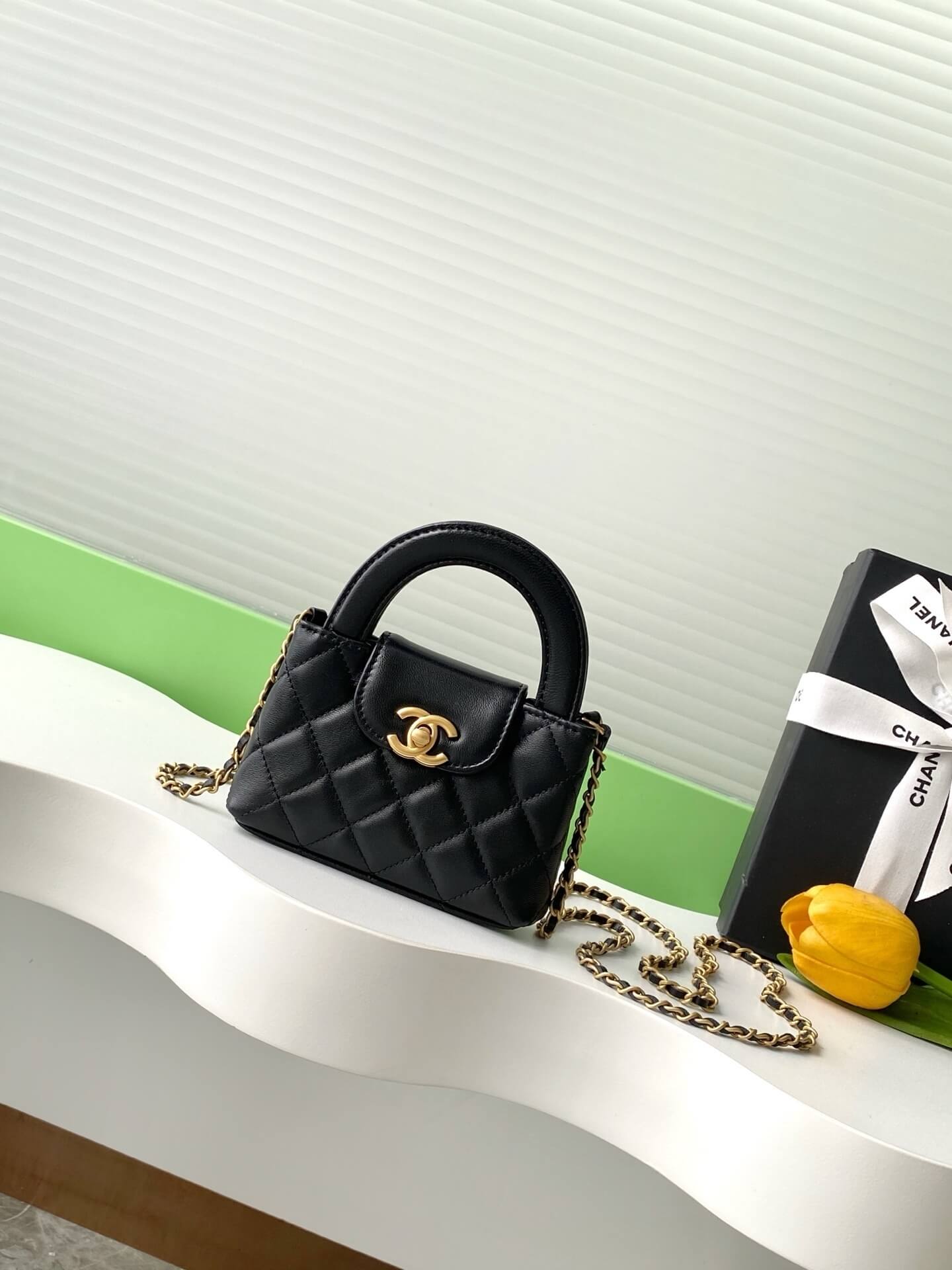 Chanel Kelly Nano Flap Top Handle With Chain Shiny Aged Calfskin Leather Shoulder Crossbody Handbag