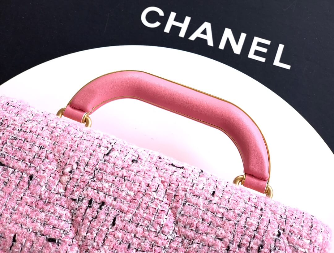 Chanel Mini Flap Shoulder Crossbody Bag with Top Handle Tweed & Gold-Tone Metal Pink, Black & White - Image 7