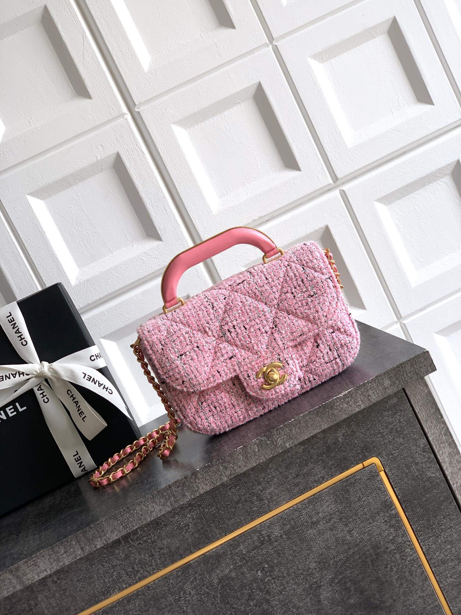Chanel Mini Flap Shoulder Crossbody Bag with Top Handle Tweed & Gold-Tone Metal Pink, Black & White