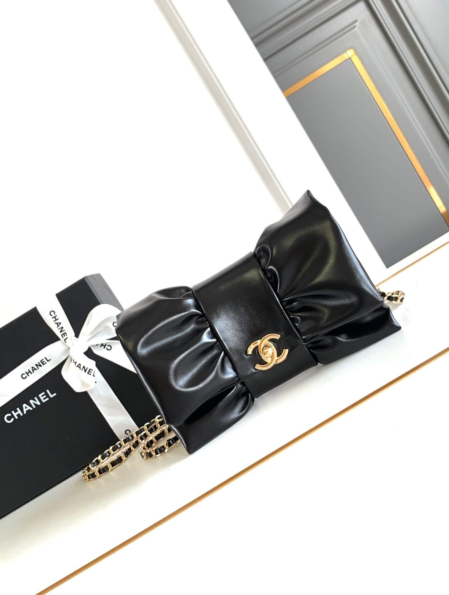 Chanel Maxi Bow Mini Metallic Lambskin and Gold-Tone Metal Shoulder Crossbody Bag