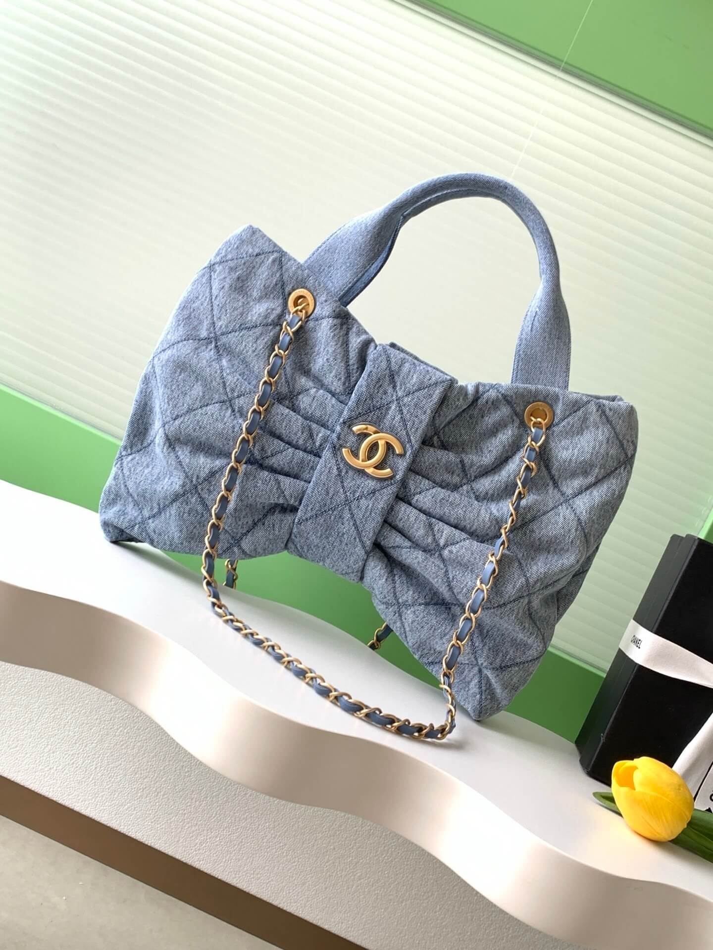 Chanel Maxi Bow Mini - Small Washed Denim & Gold-Tone Metal Shoulder Handbag