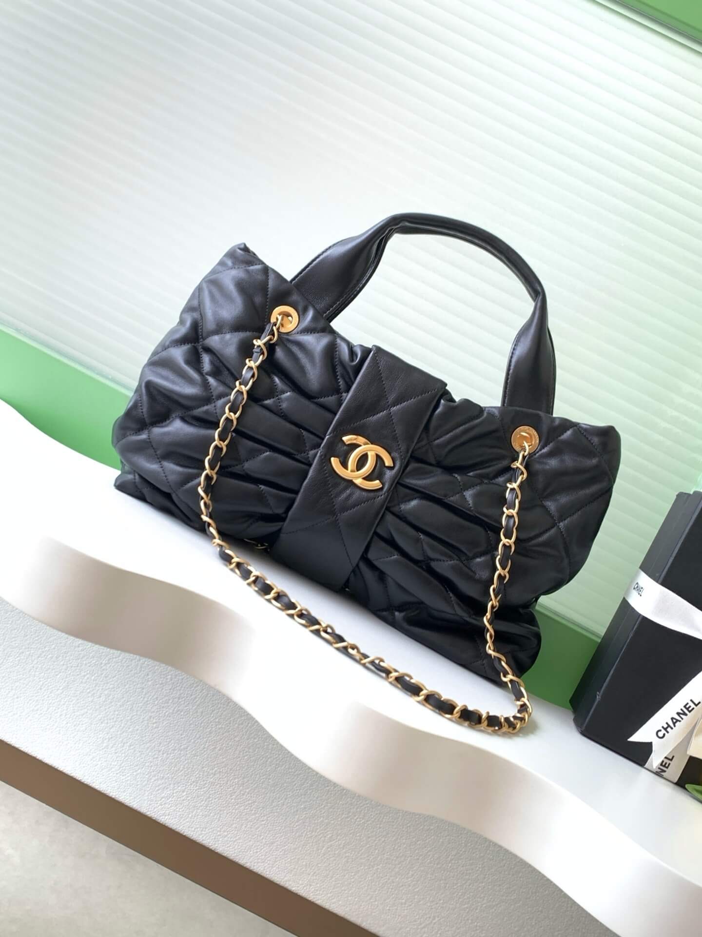 Chanel Maxi Mini - Small Shiny Lambskin Leather & Gold-Tone Metal Shoulder Handbag Black