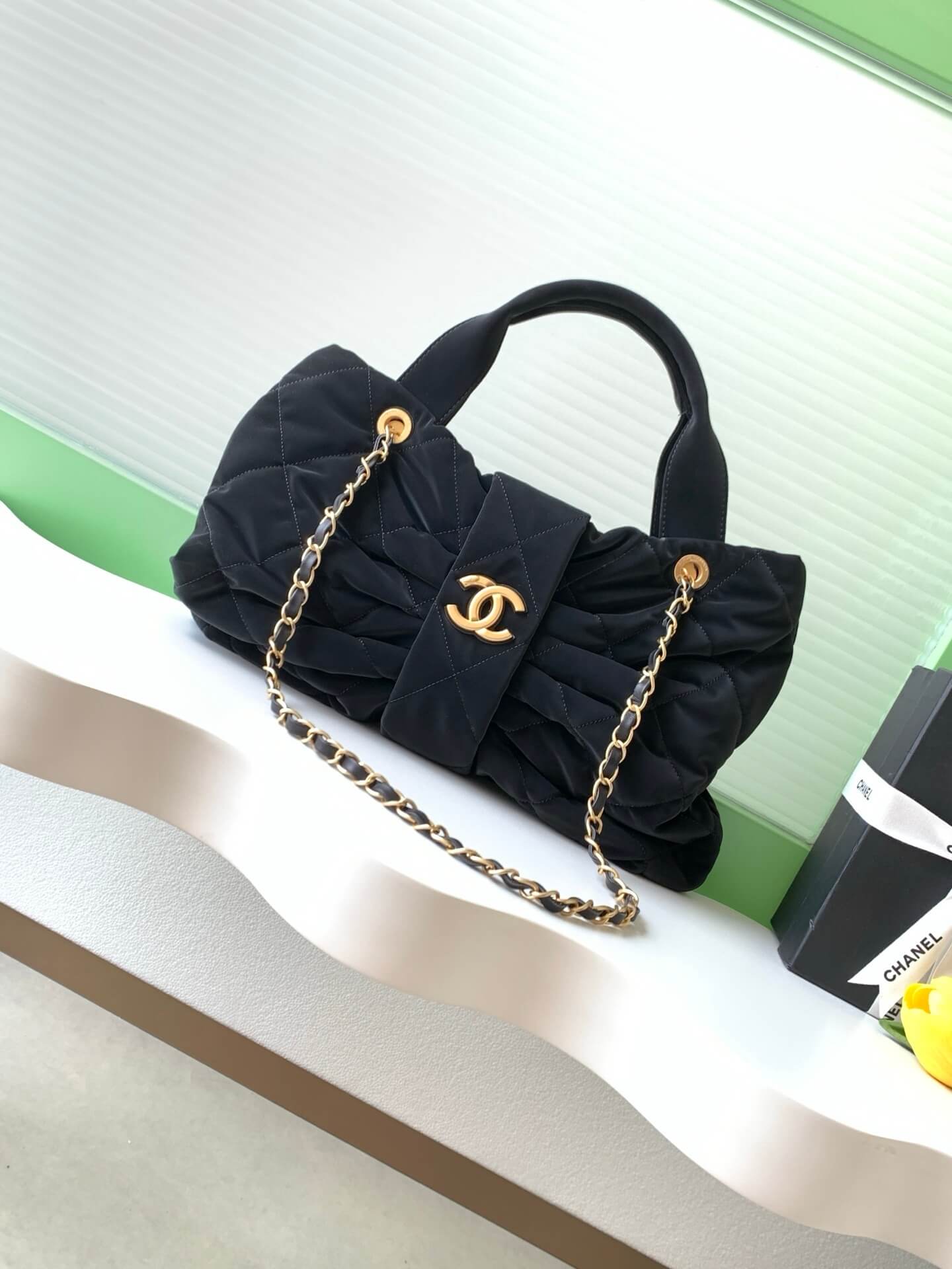 Chanel Maxi Mini - Small Velvet-Effect Nylon & Gold-Tone Metal Shoulder Handbag Black