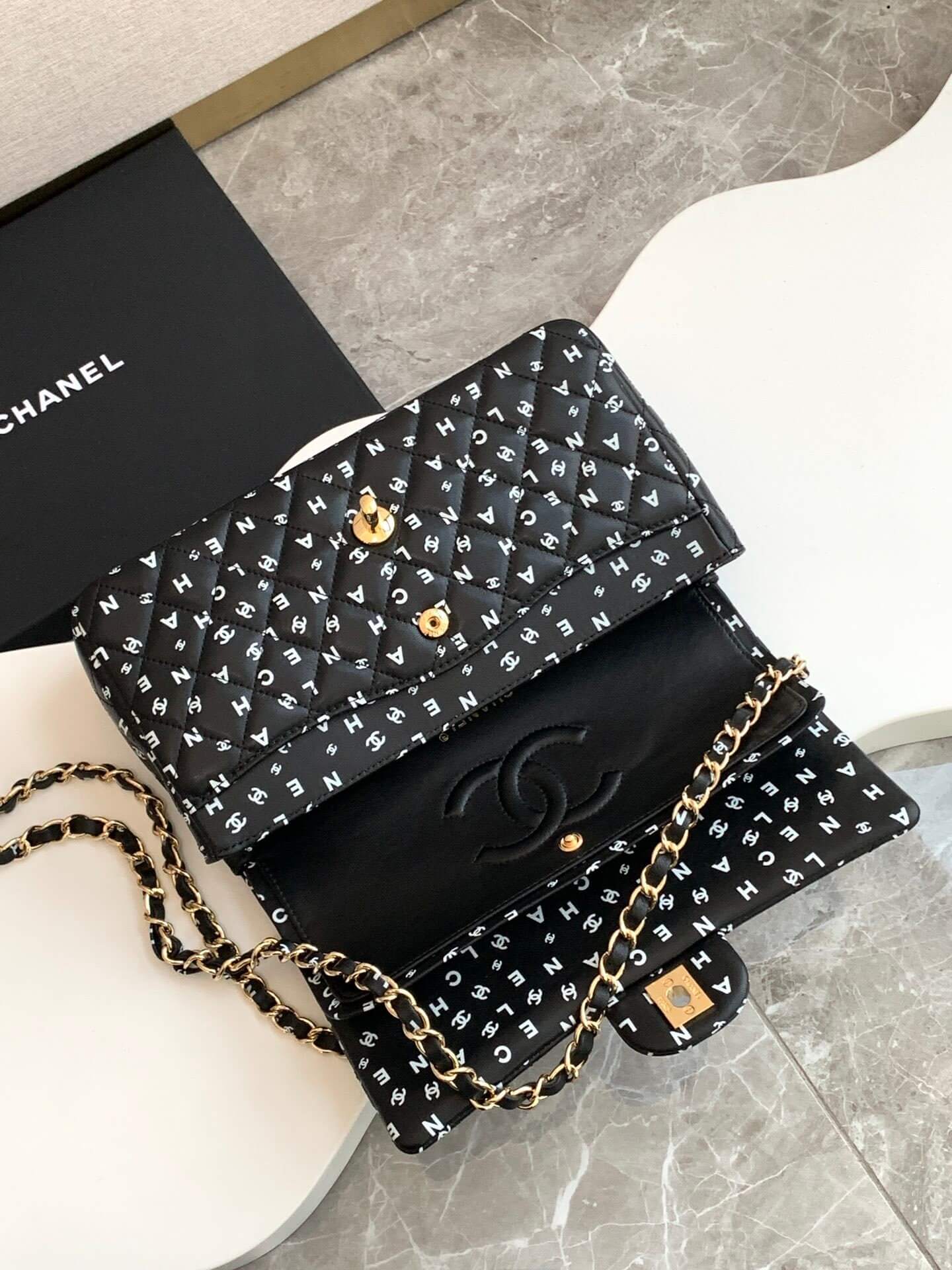 Chanel Medium Classic Double Logo Printed Flap Calfskin Leather with Gold-tone Hardware Shoulder Bag - Image 4