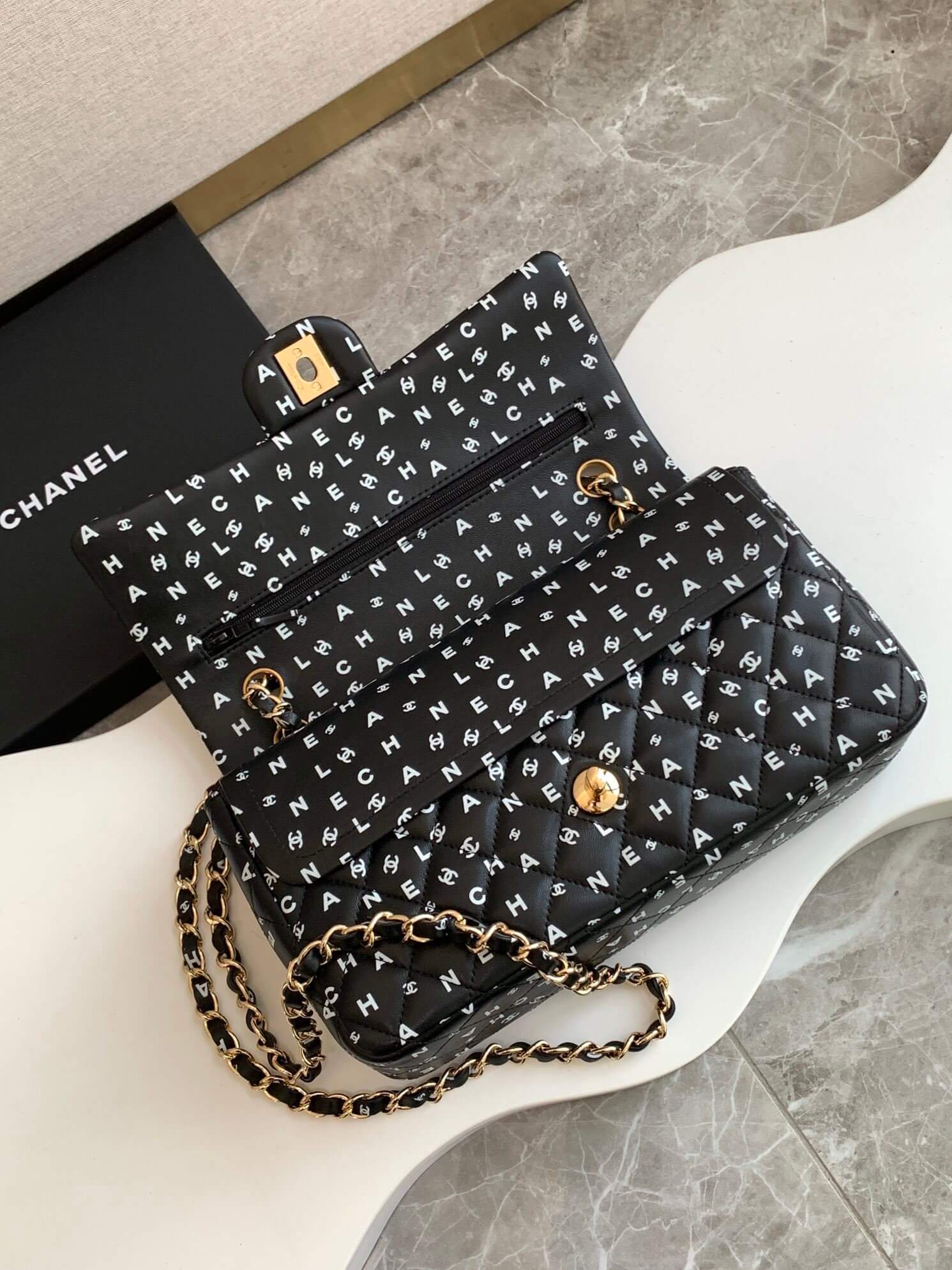 Chanel Medium Classic Double Logo Printed Flap Calfskin Leather with Gold-tone Hardware Shoulder Bag - Image 3