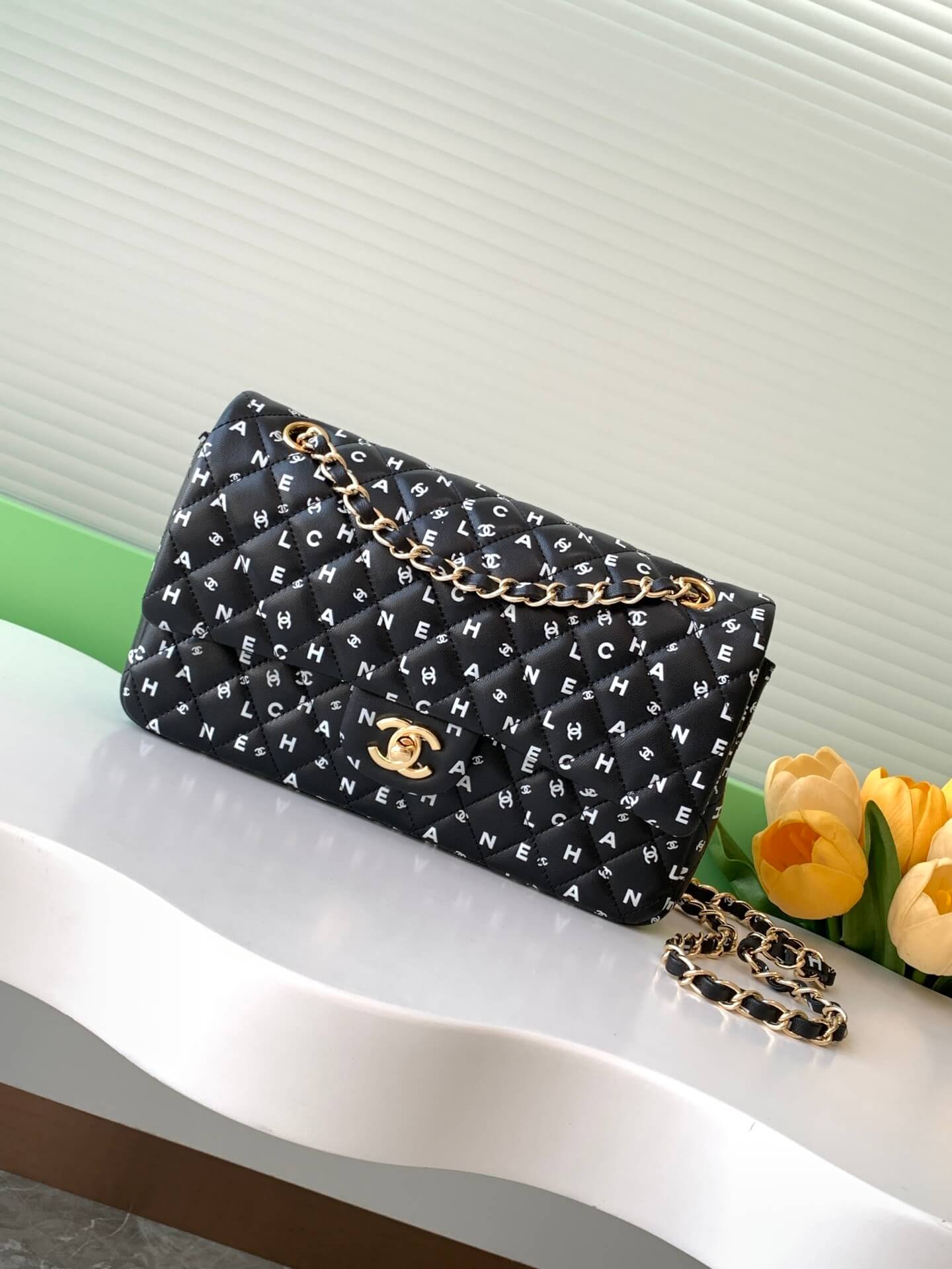 Chanel Medium Classic Double Logo Printed Flap Calfskin Leather with Gold-tone Hardware Shoulder Bag