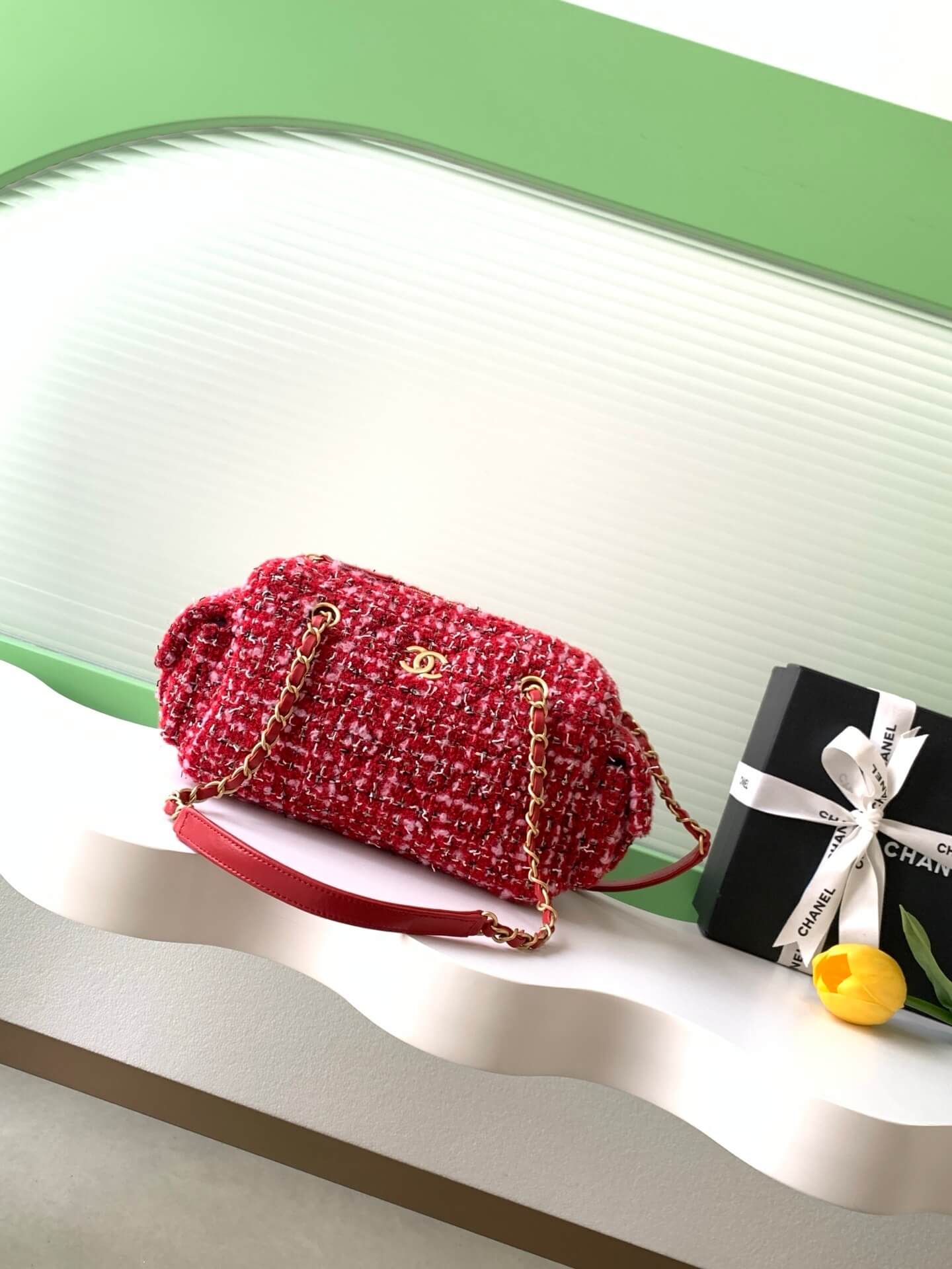 Chanel Mini - Small Bowling Tweed & Gold Metal Red, Pink & Black Shoulder Crossbody Bag