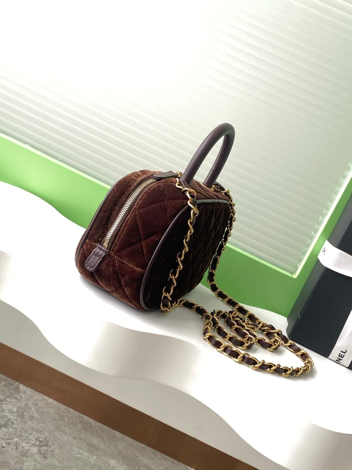 Chanel Mini Bowling quilted Velvet Calfskin Leather Shoulder Crossbody Handbag - Image 25