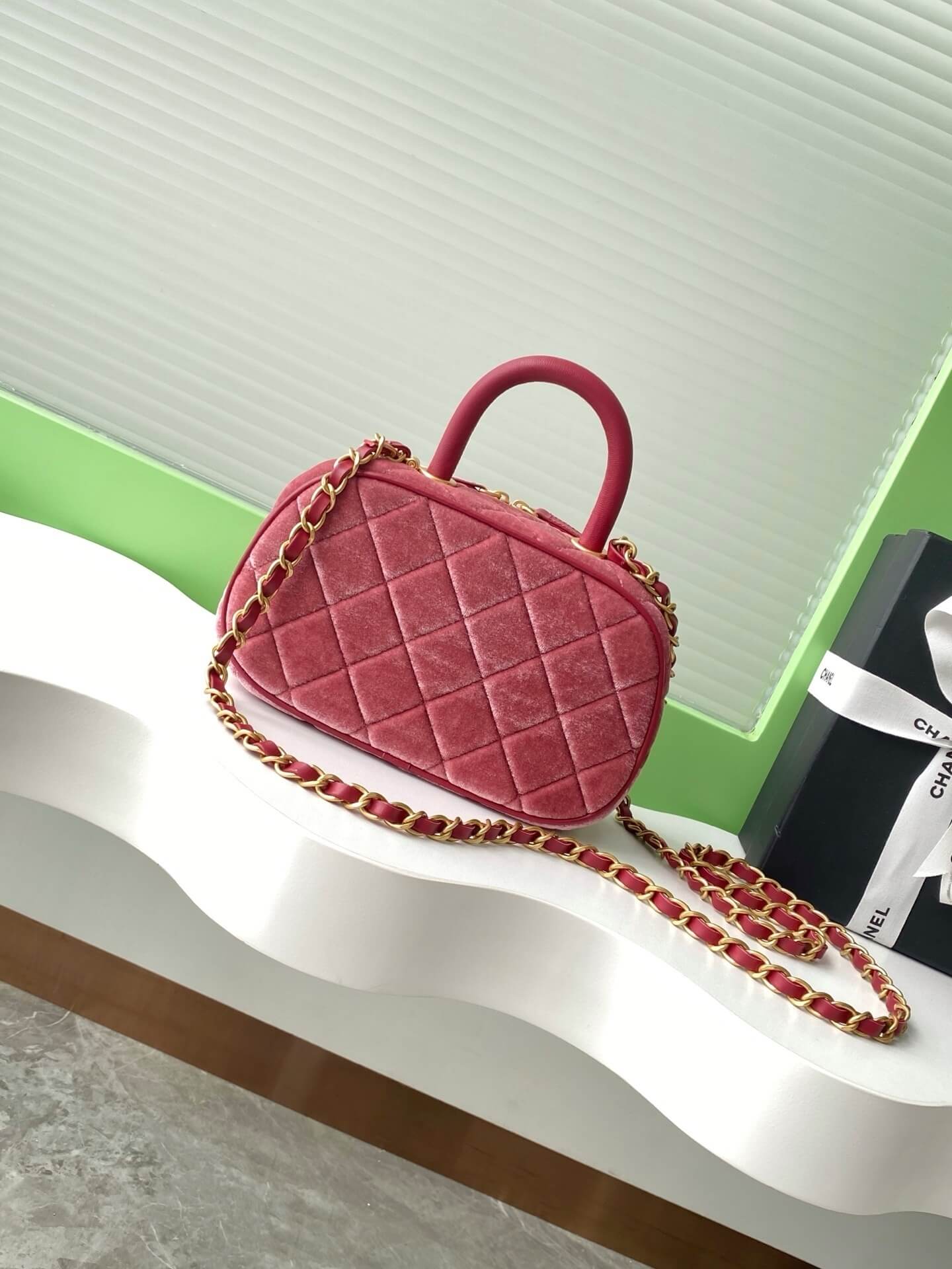 Chanel Mini Bowling quilted Velvet Calfskin Leather Shoulder Crossbody Handbag - Image 11