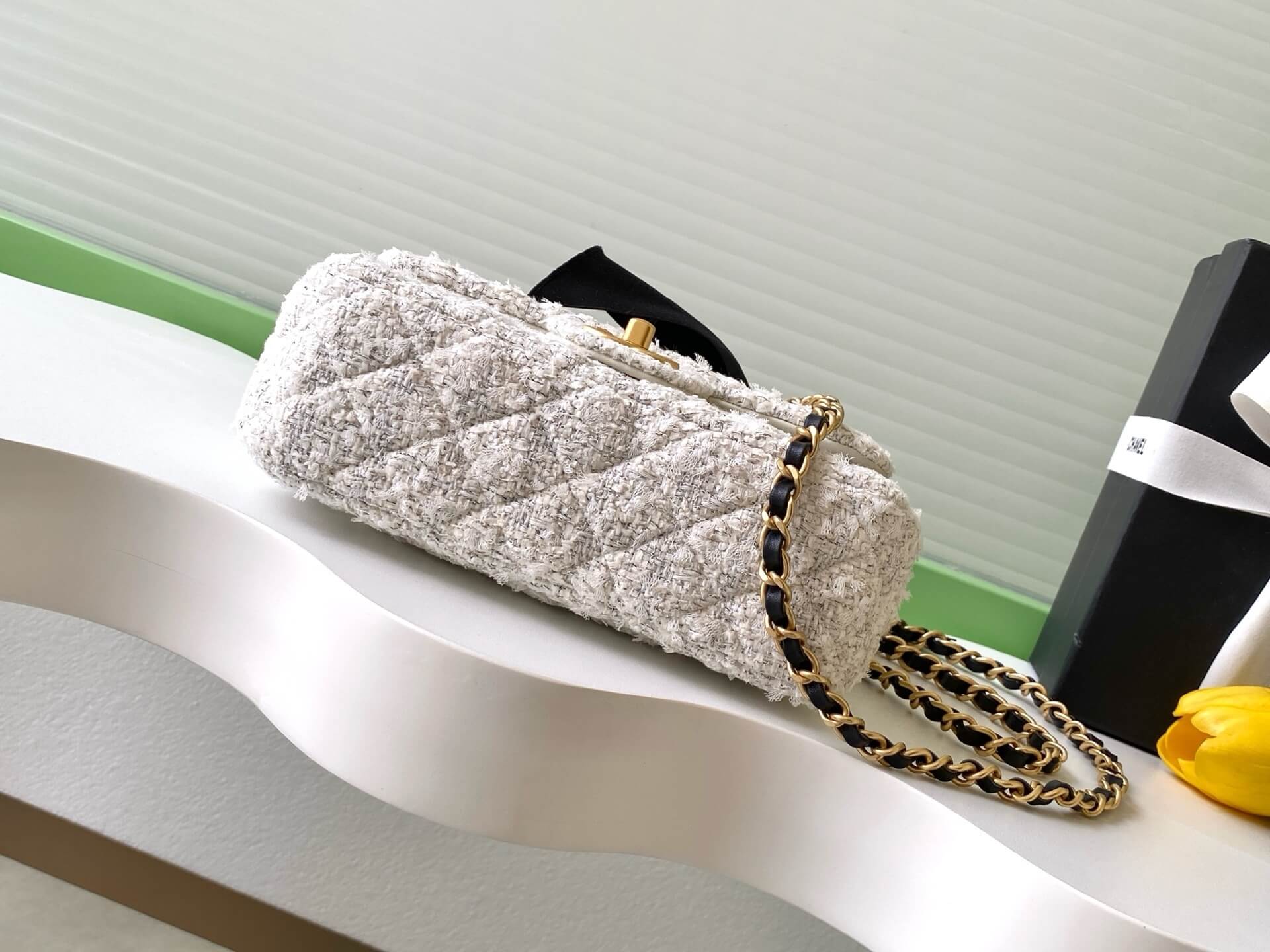 Chanel Mini Flap Crosbbody Shoulder Bag with Top Handle Tweed, Silk & Gold-Tone Metal White & Black - Image 9