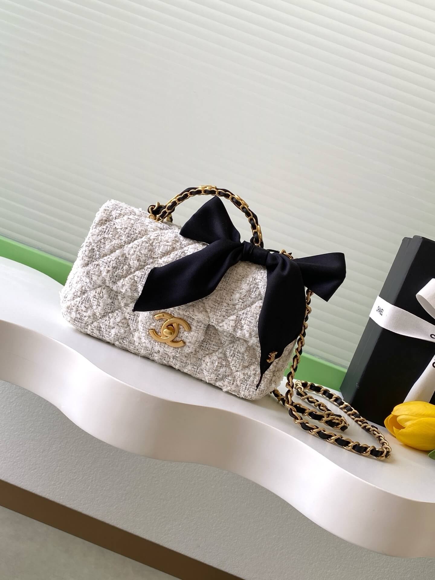 Chanel Mini Flap Crosbbody Shoulder Bag with Top Handle Tweed, Silk & Gold-Tone Metal White & Black