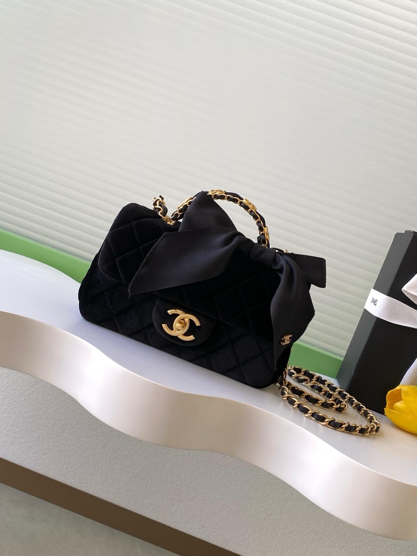 Chanel Mini Flap Crossbody Shoulder Bag with Top Handle Velvet, Silk & Gold-Tone Metal Black
