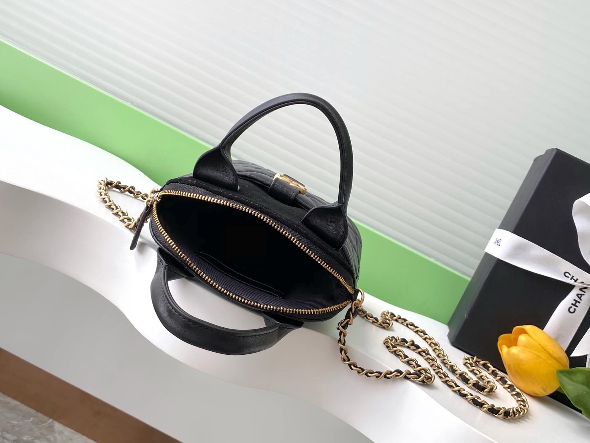 Chanel Mini Top Handle Clutch with Chain Suede Calfskin & Shiny Lambskin / Caviar Leather Shoulder Crossbody Handbag - Image 13