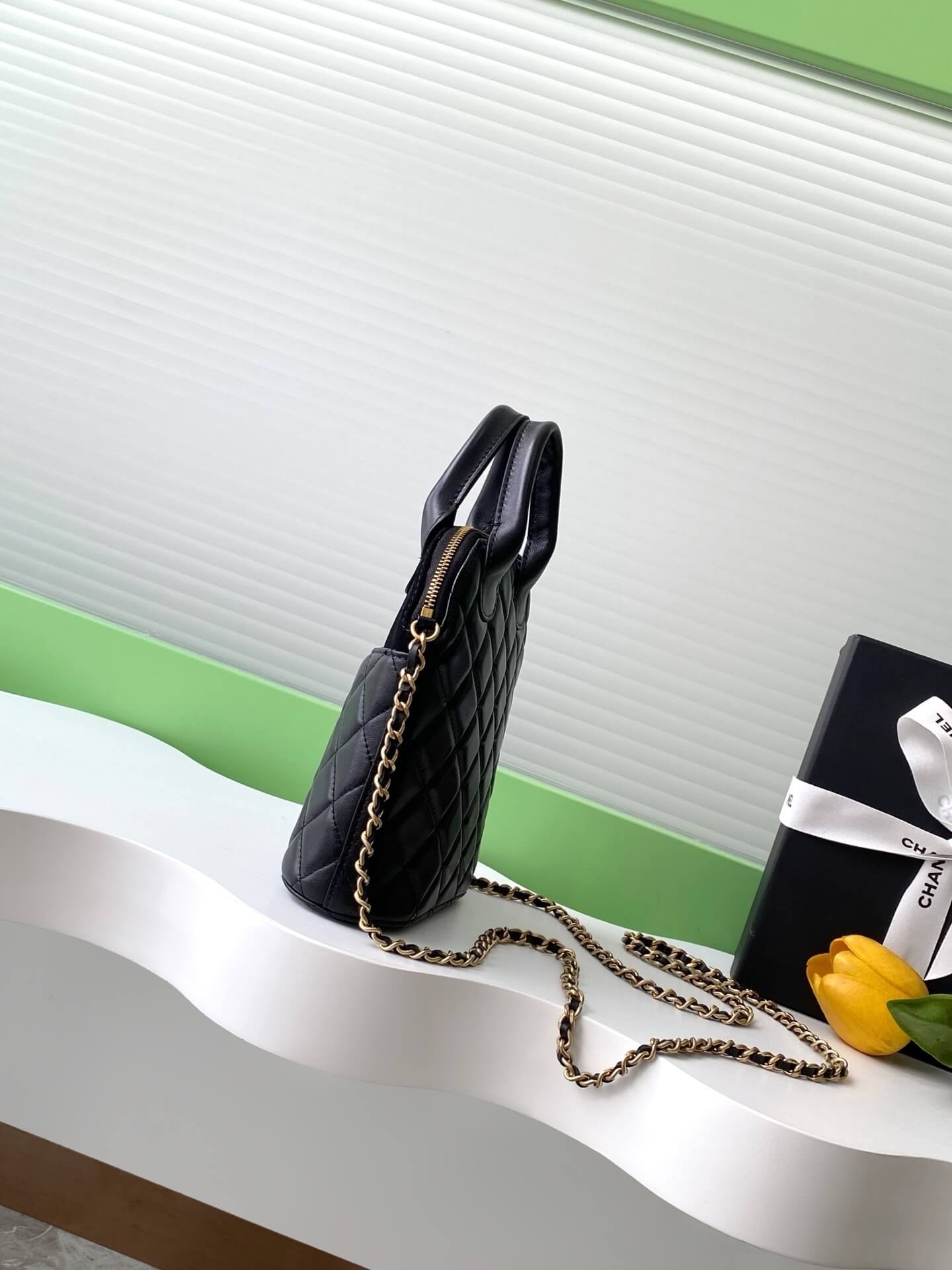 Chanel Mini Top Handle Clutch with Chain Suede Calfskin & Shiny Lambskin / Caviar Leather Shoulder Crossbody Handbag - Image 12