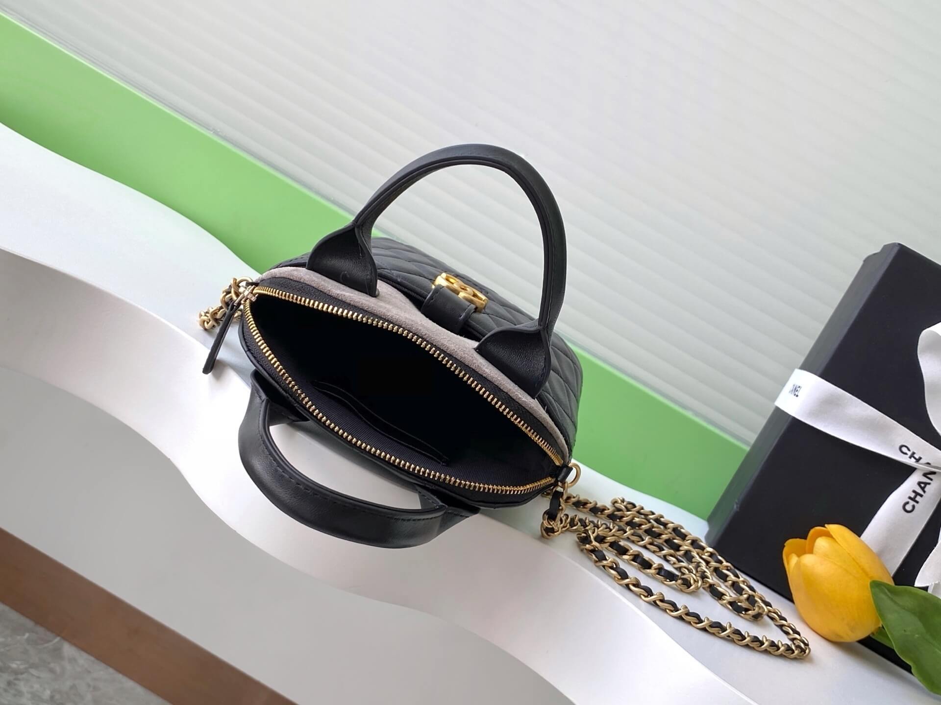 Chanel Mini Top Handle Clutch with Chain Suede Calfskin & Shiny Lambskin / Caviar Leather Shoulder Crossbody Handbag - Image 4