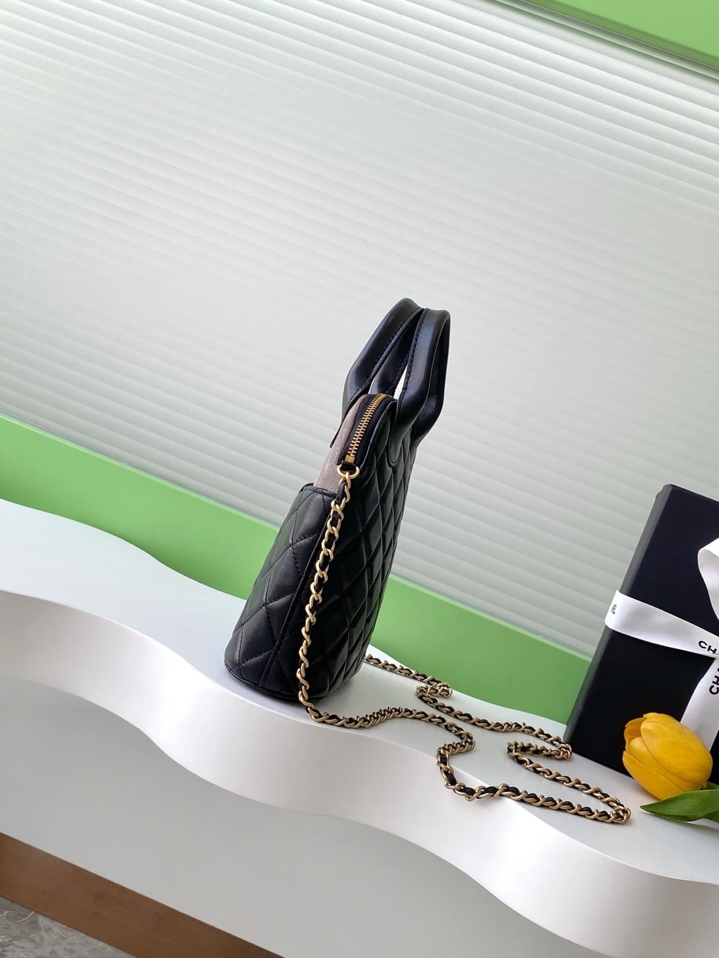 Chanel Mini Top Handle Clutch with Chain Suede Calfskin & Shiny Lambskin / Caviar Leather Shoulder Crossbody Handbag - Image 3