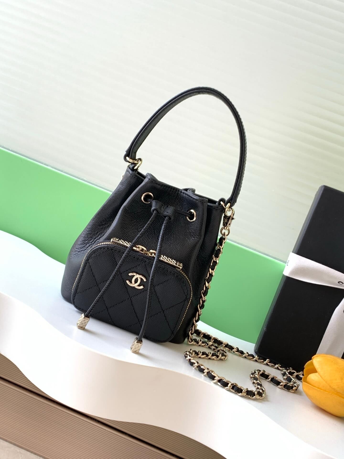 Chanel Mini Top Handle Drawstring Bucket Caviar Leather Shoulder Crossbody Handbag