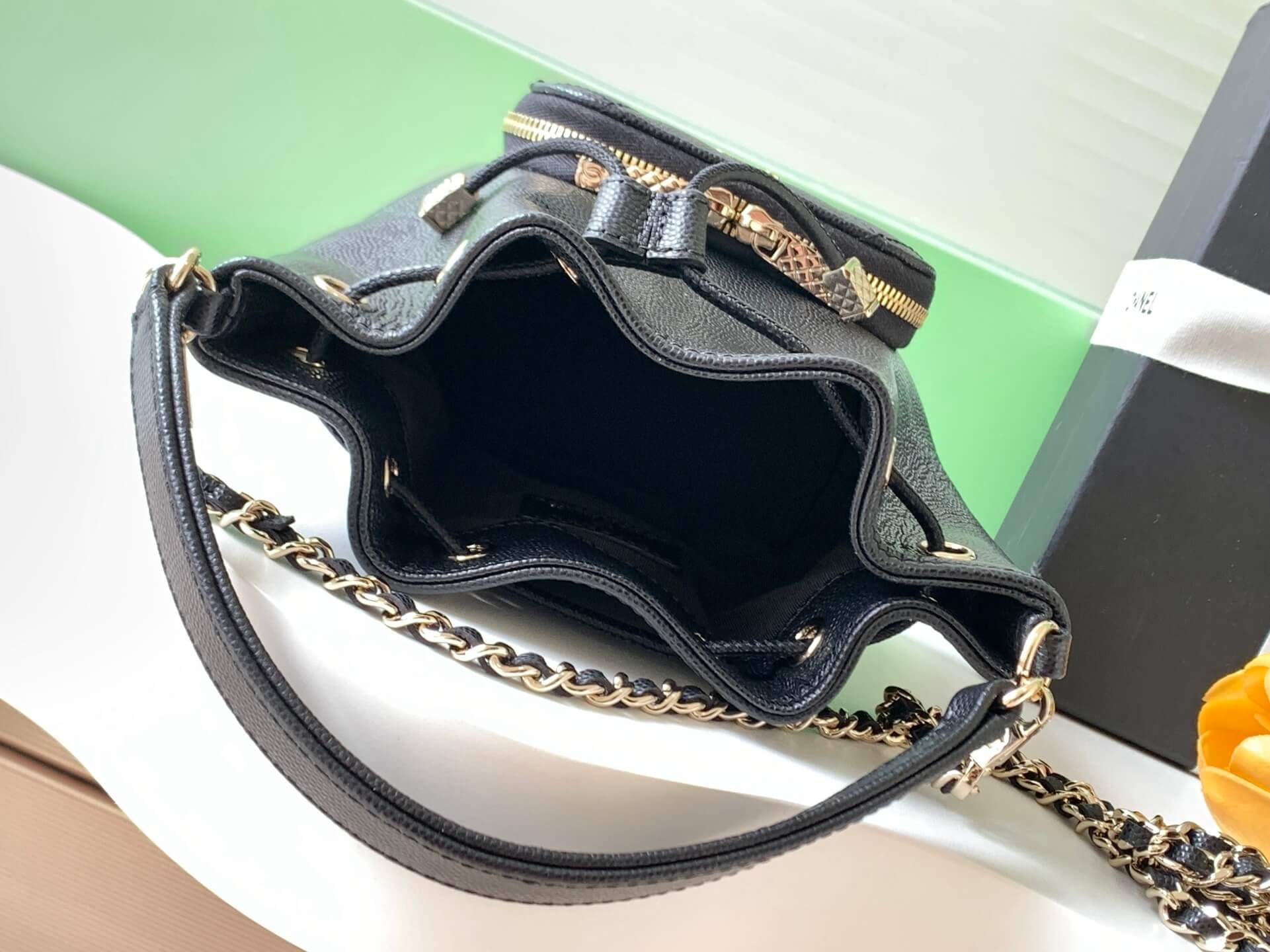 Chanel Mini Top Handle Drawstring Bucket Caviar Leather Shoulder Crossbody Handbag - Image 4