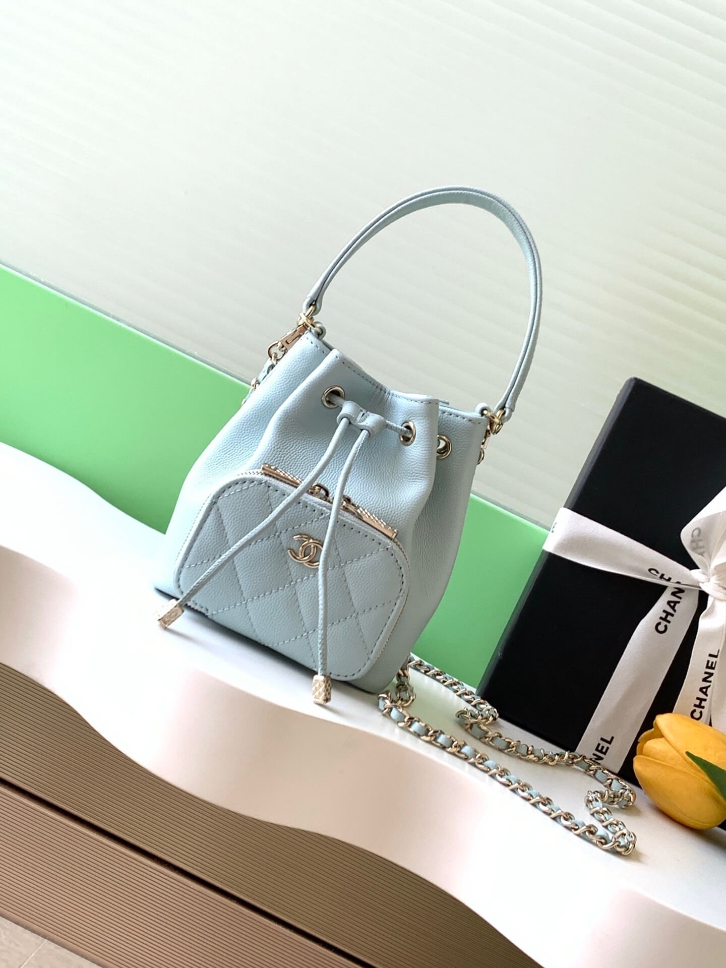 Chanel Mini Top Handle Drawstring Bucket Caviar Leather Shoulder Crossbody Handbag - Image 26