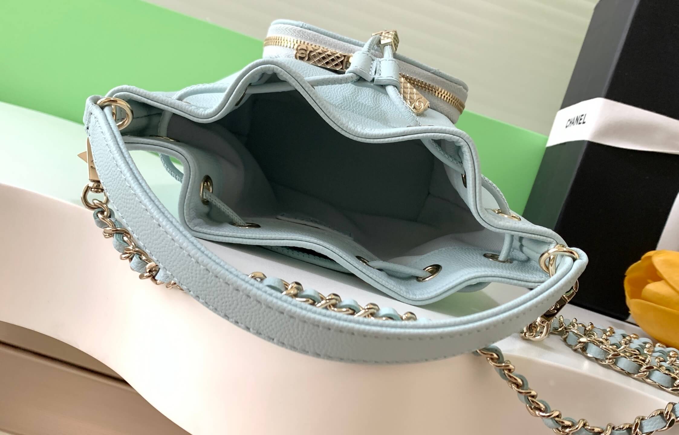 Chanel Mini Top Handle Drawstring Bucket Caviar Leather Shoulder Crossbody Handbag - Image 29