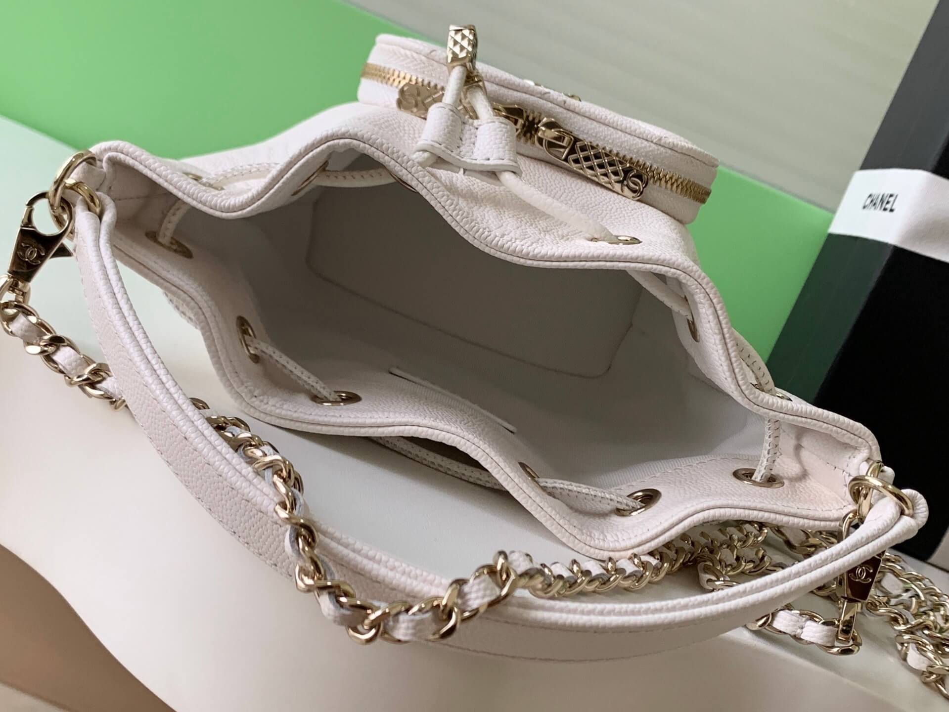 Chanel Mini Top Handle Drawstring Bucket Caviar Leather Shoulder Crossbody Handbag - Image 13