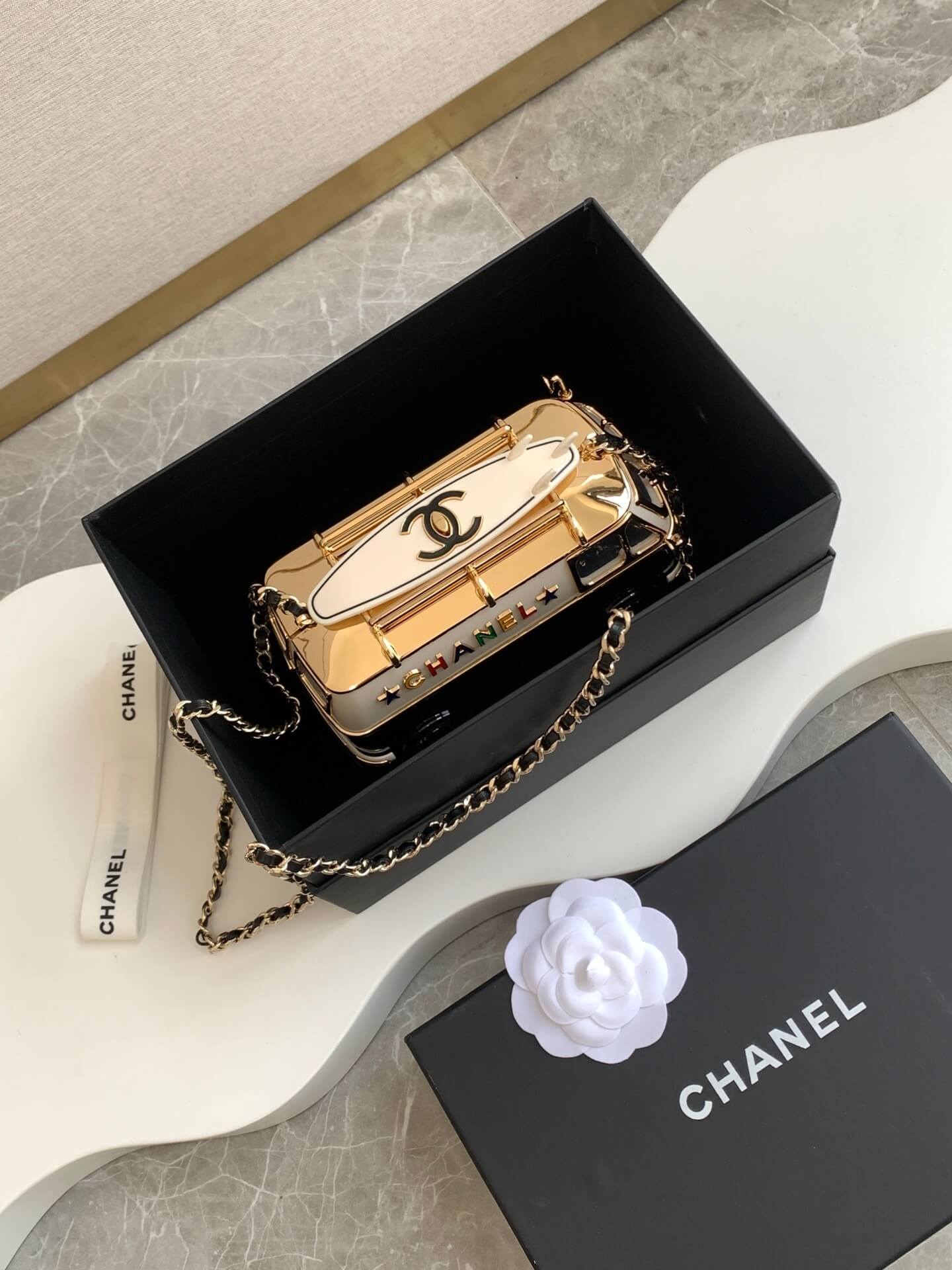 Chanel Mini Van Minaudiere Shoulder Crossbody Bag Black/White/Gold - Image 9